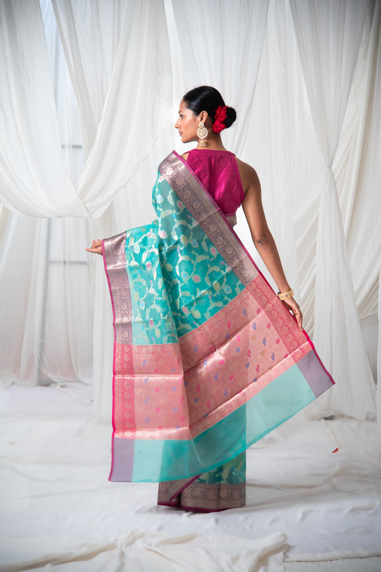 Banarasi Kota Organza Silk Meenakari Predraped Saree