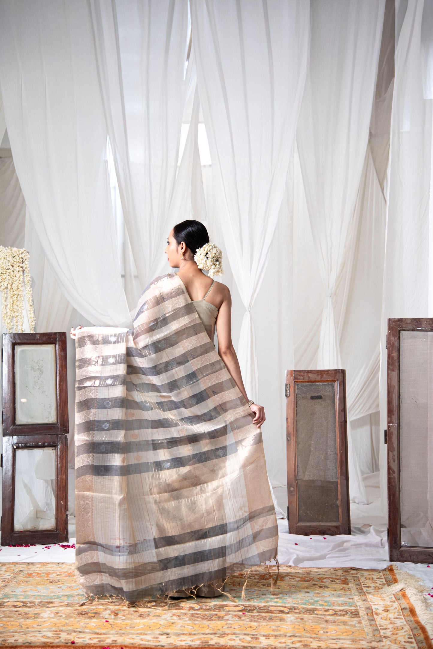 Banarasi Linen Tissue Silk Predraped Saree with Striped Design