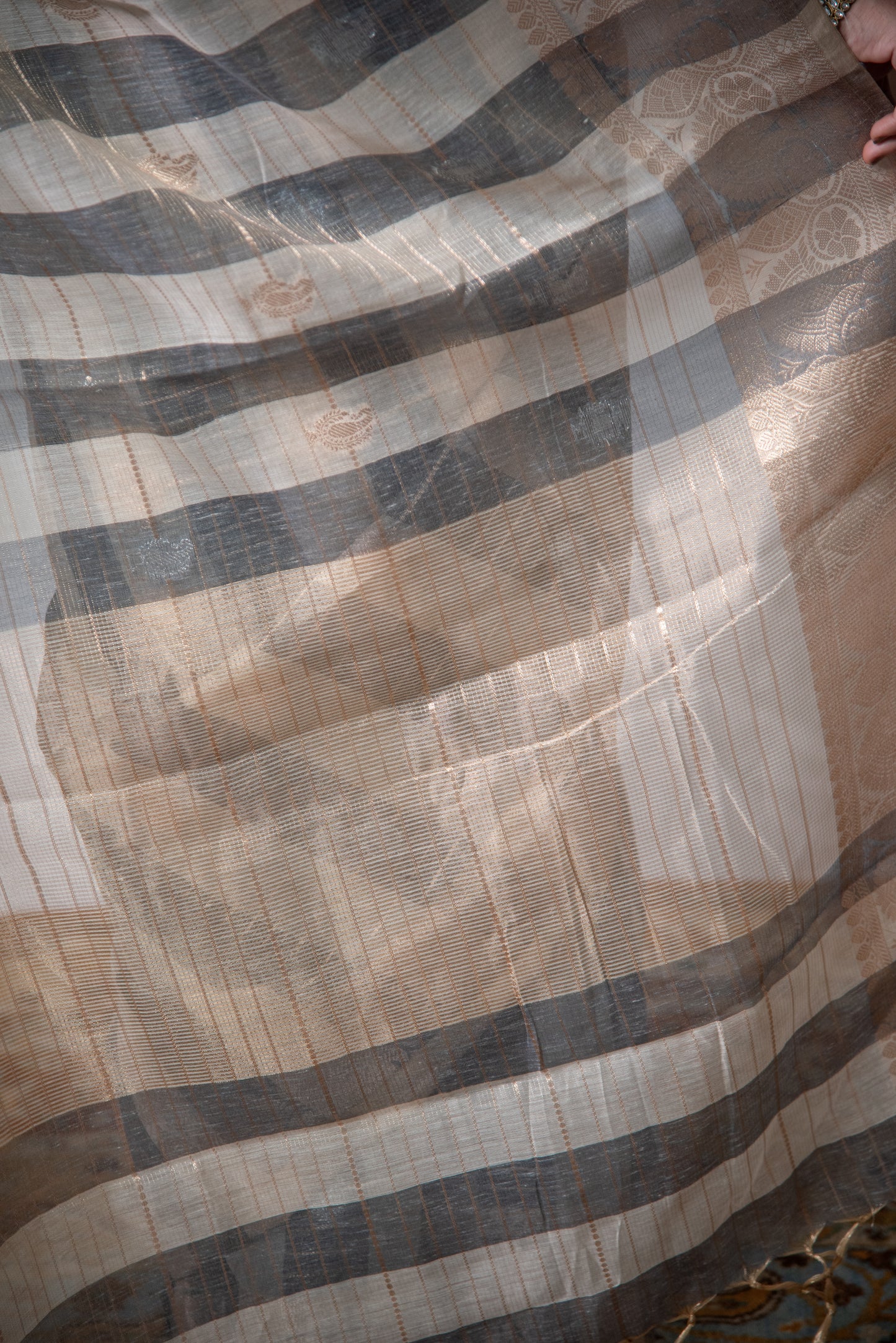 Banarasi Linen Tissue Silk Predraped Saree with Striped Design