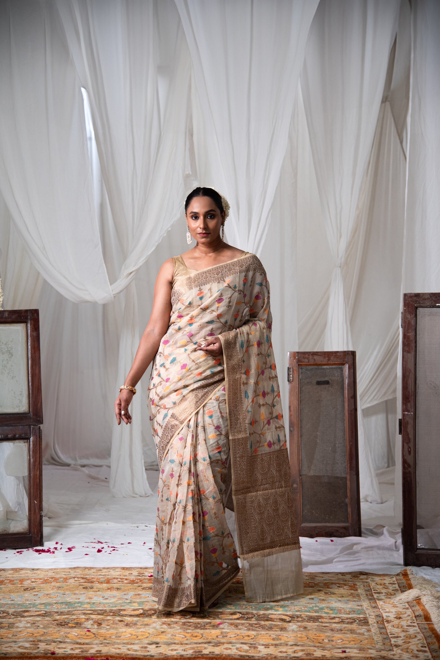 Banarasi Meena Check Tissue Pre Draped Saree with Intricate Details