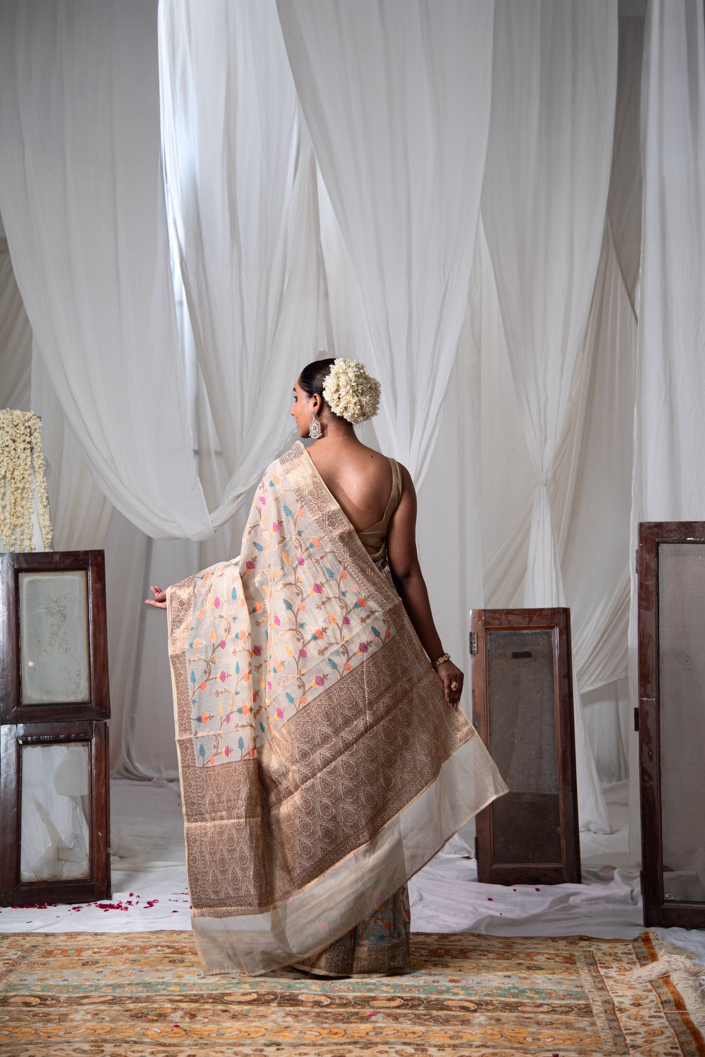 Banarasi Meena Check Tissue Pre Draped Saree with Intricate Details