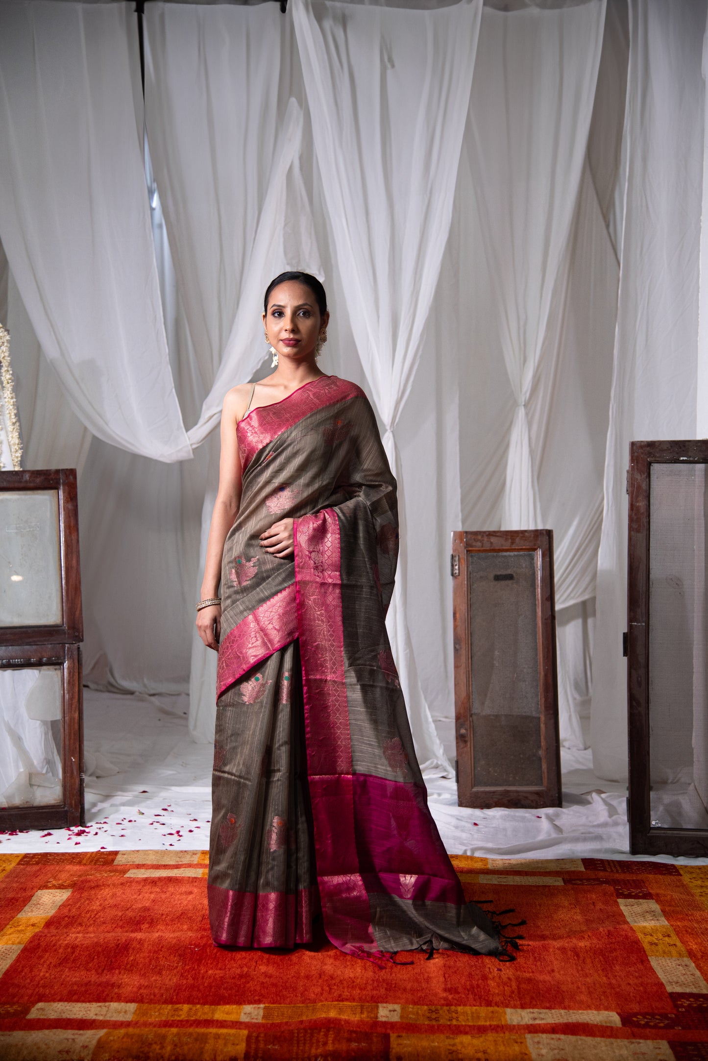 Banarasi Dual Tone Cotton Salab Pre draped Saree with Tassels