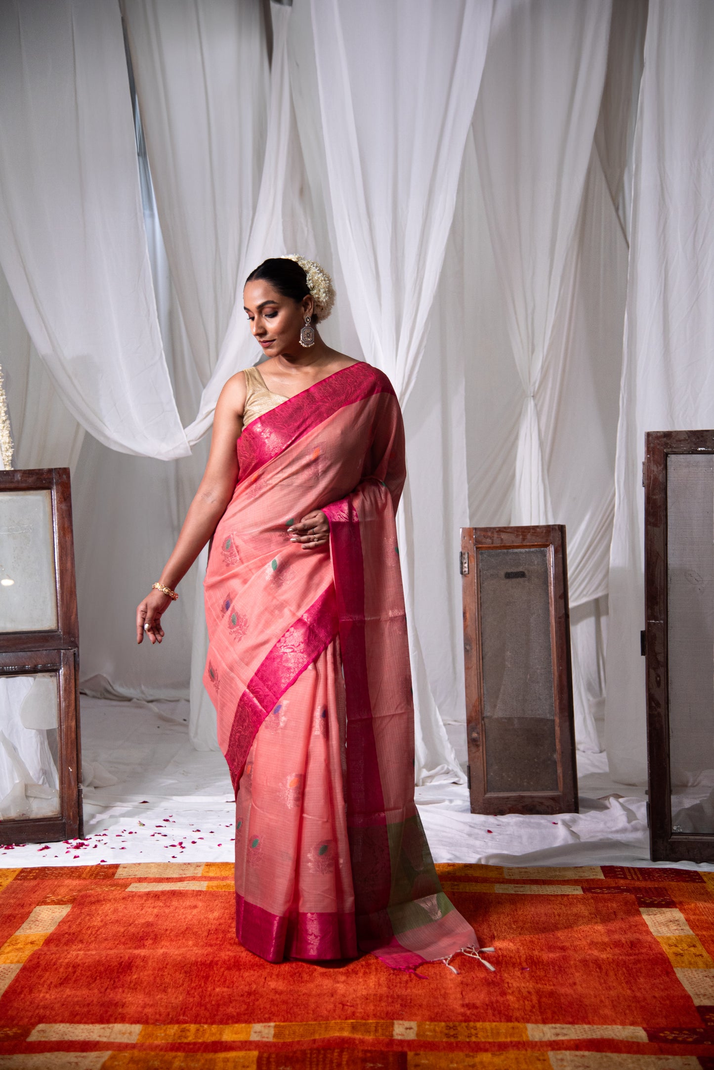 Banarasi Dual Tone Cotton Salab Pre Draped Saree with Detailing