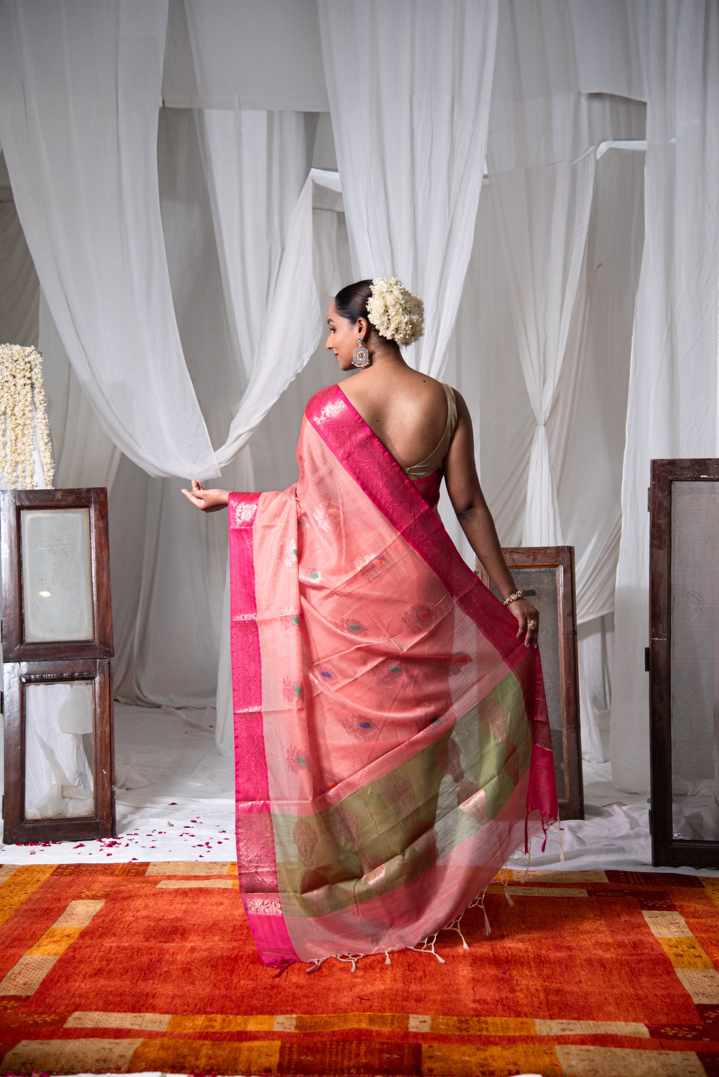 Banarasi Dual Tone Cotton Salab Pre Draped Saree with Detailing