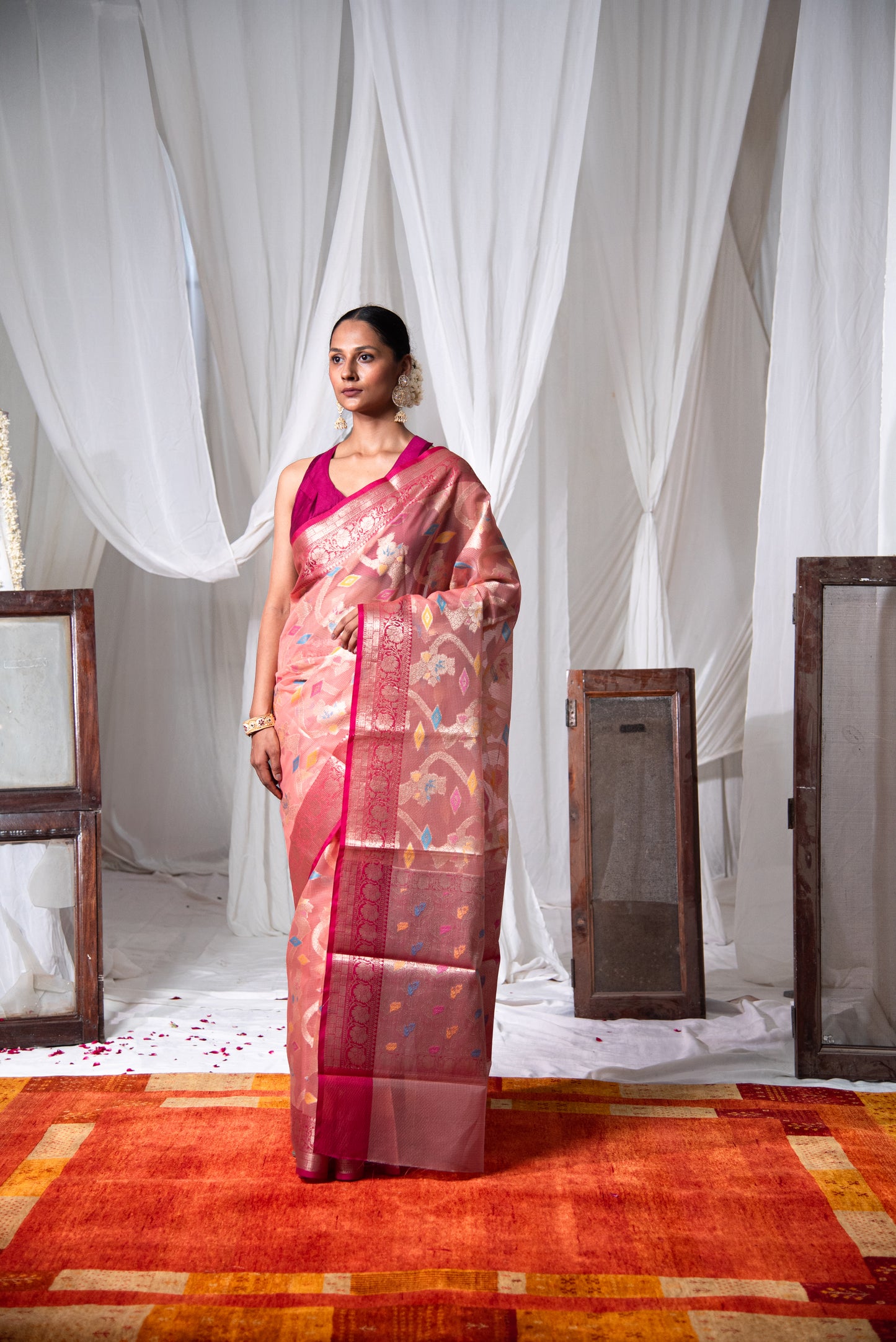 Banarasi Kota Organza Silk with Meenakari work Pre Draped Saree with Intricate Details
