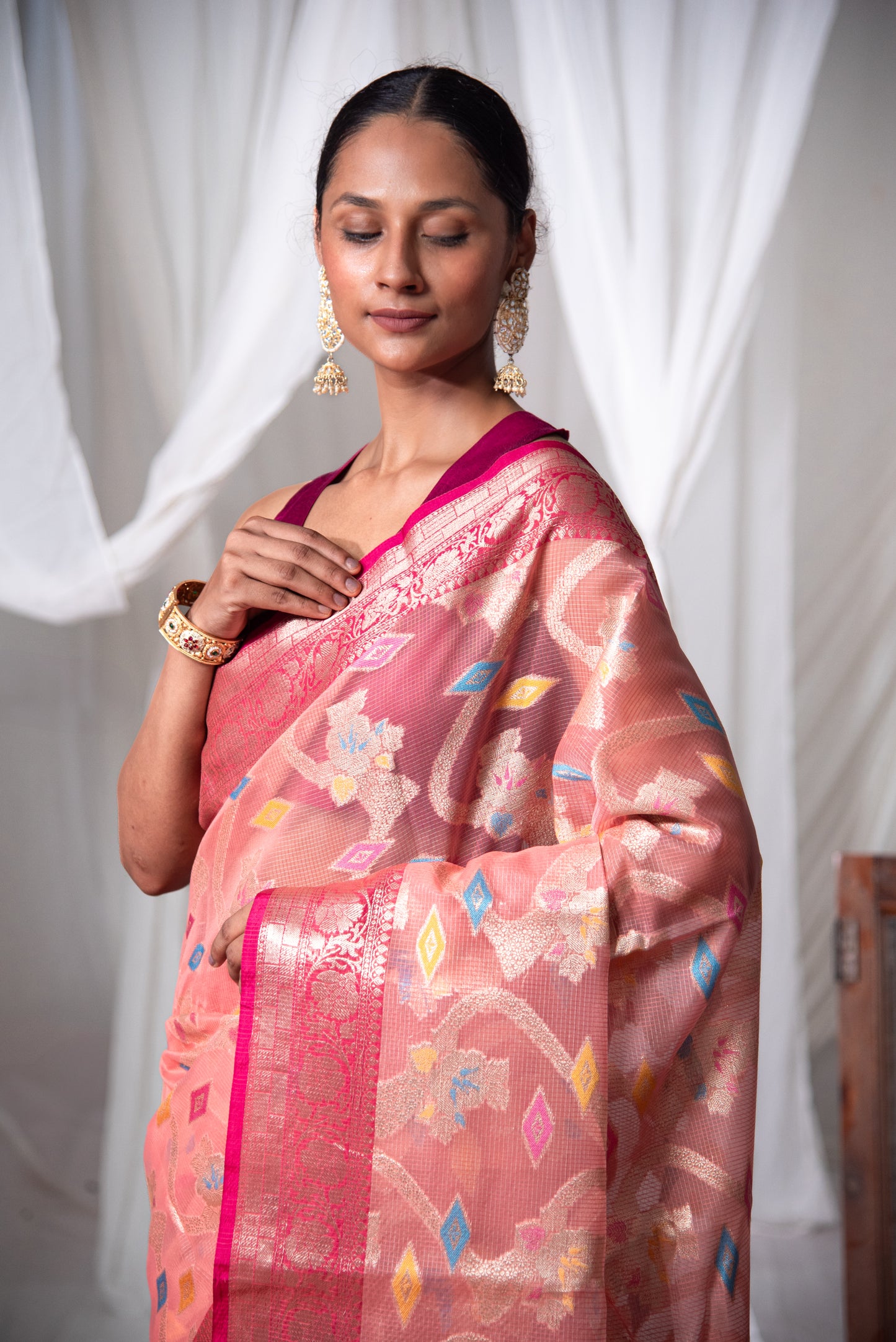 Banarasi Kota Organza Silk with Meenakari work Pre Draped Saree with Intricate Details