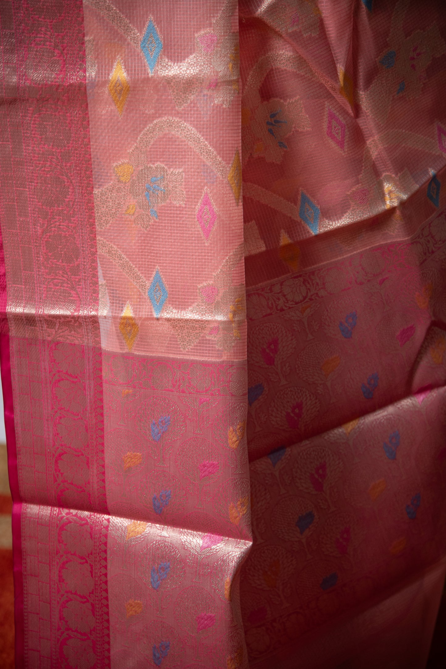 Banarasi Kota Organza Silk with Meenakari work Pre Draped Saree with Intricate Details