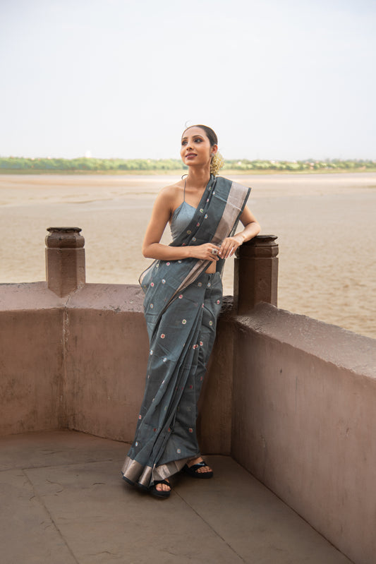 Banarasi Cotton Pre Draped Saree with Meena Work and Zari Border