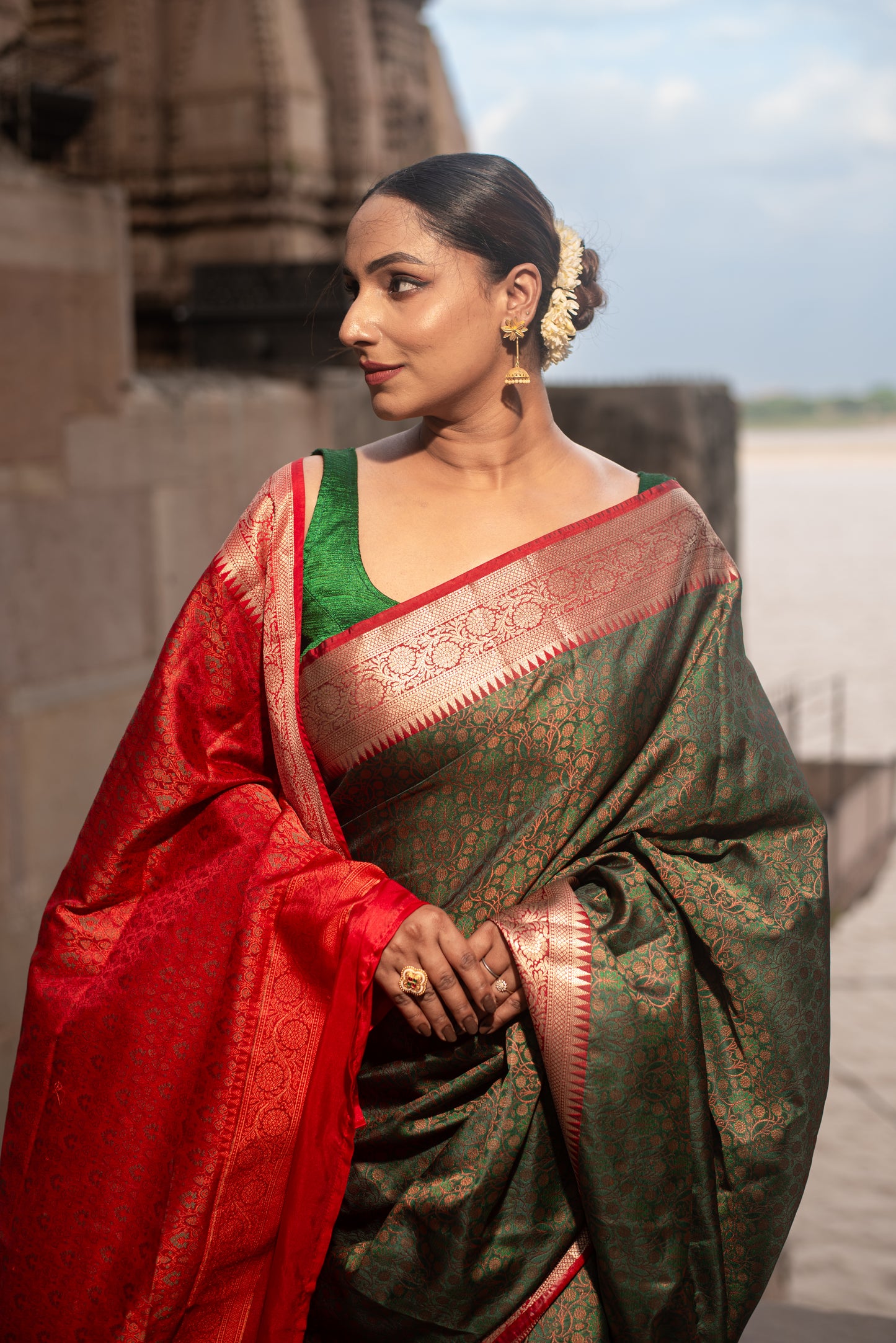 Banarasi Katan Tanchui Silk Pre Draped Saree with Dual Tone and Golden Intricate Border