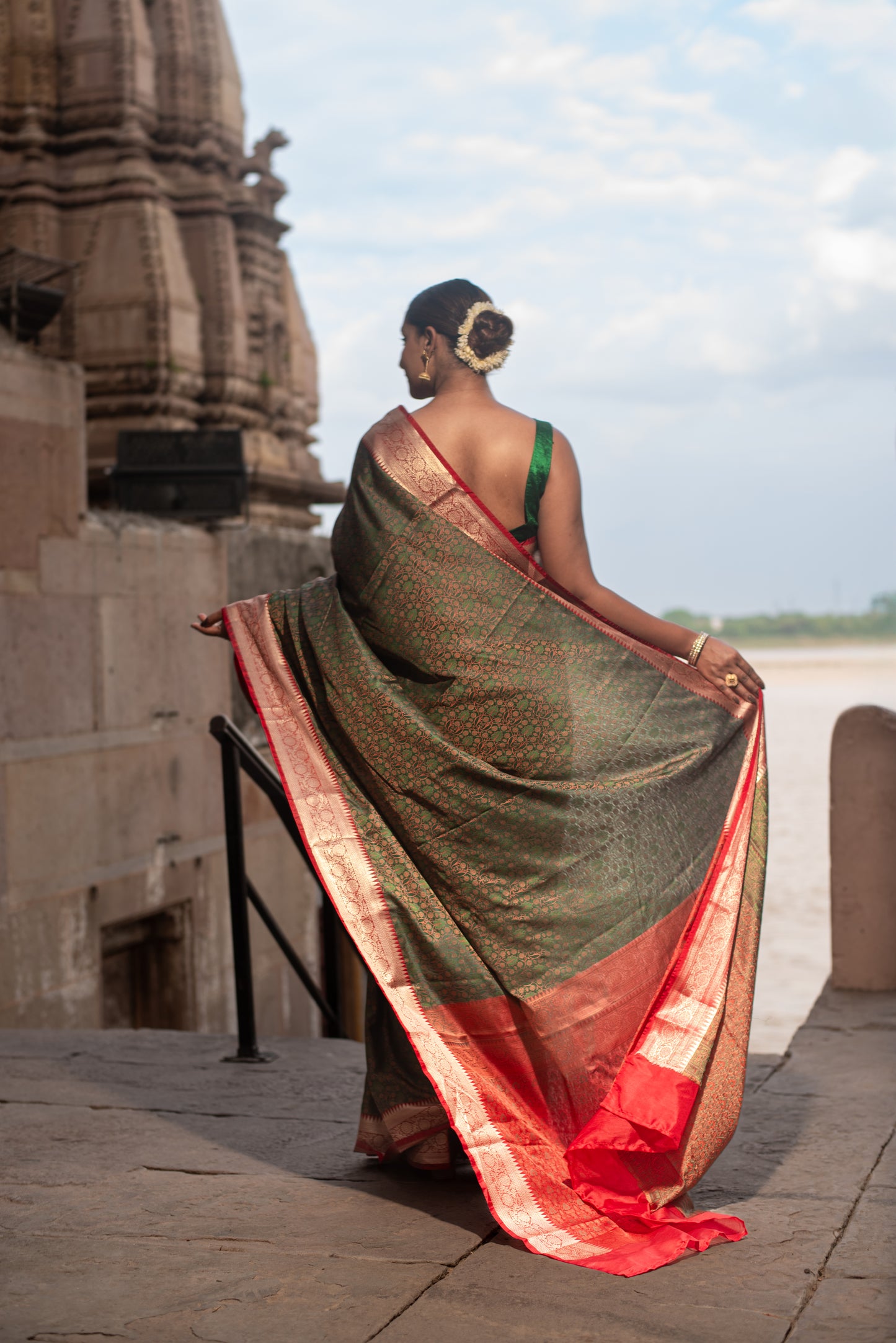 Banarasi Katan Tanchui Silk Pre Draped Saree with Dual Tone and Golden Intricate Border