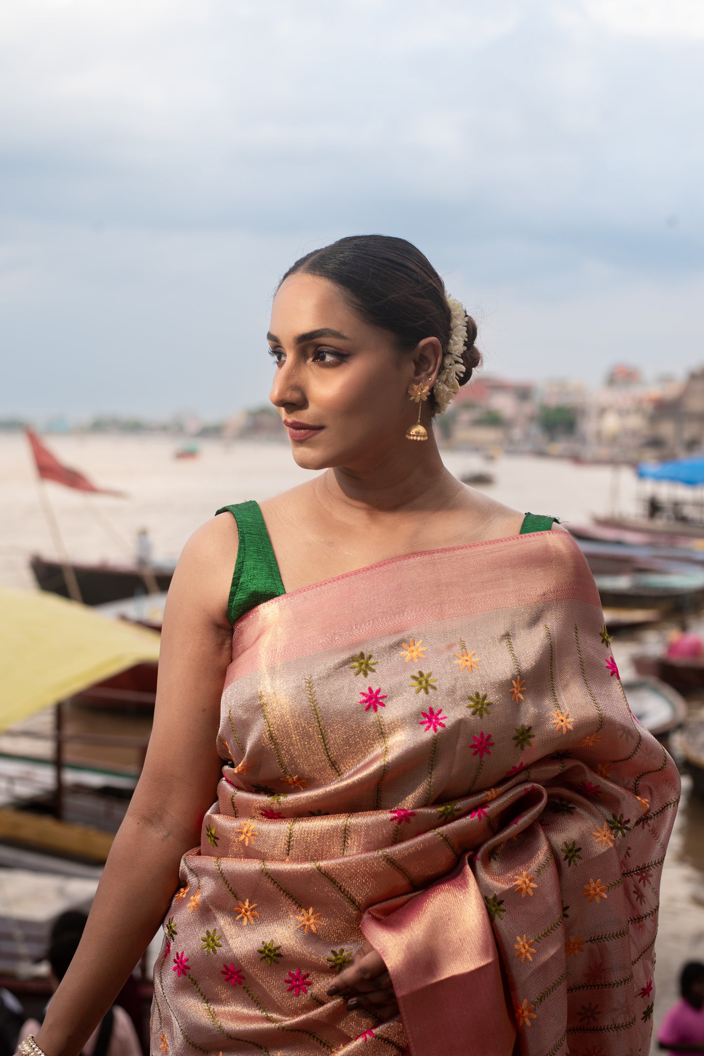 Jyothika Tissue Silk Pre Draped Saree with Silk Flower Embroidery
