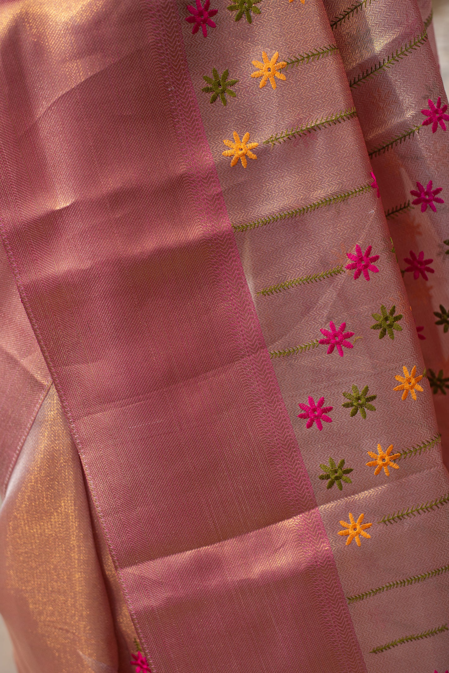 Jyothika Tissue Silk Pre Draped Saree with Silk Flower Embroidery