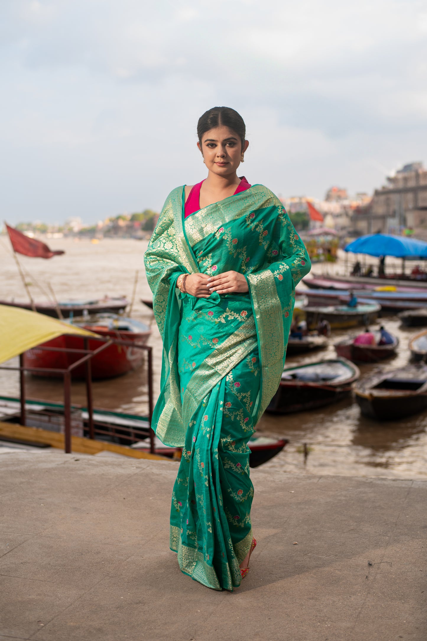 Banarasi Dupion Silk Pre Draped Saree with Silver Border and Elegant Floral Design