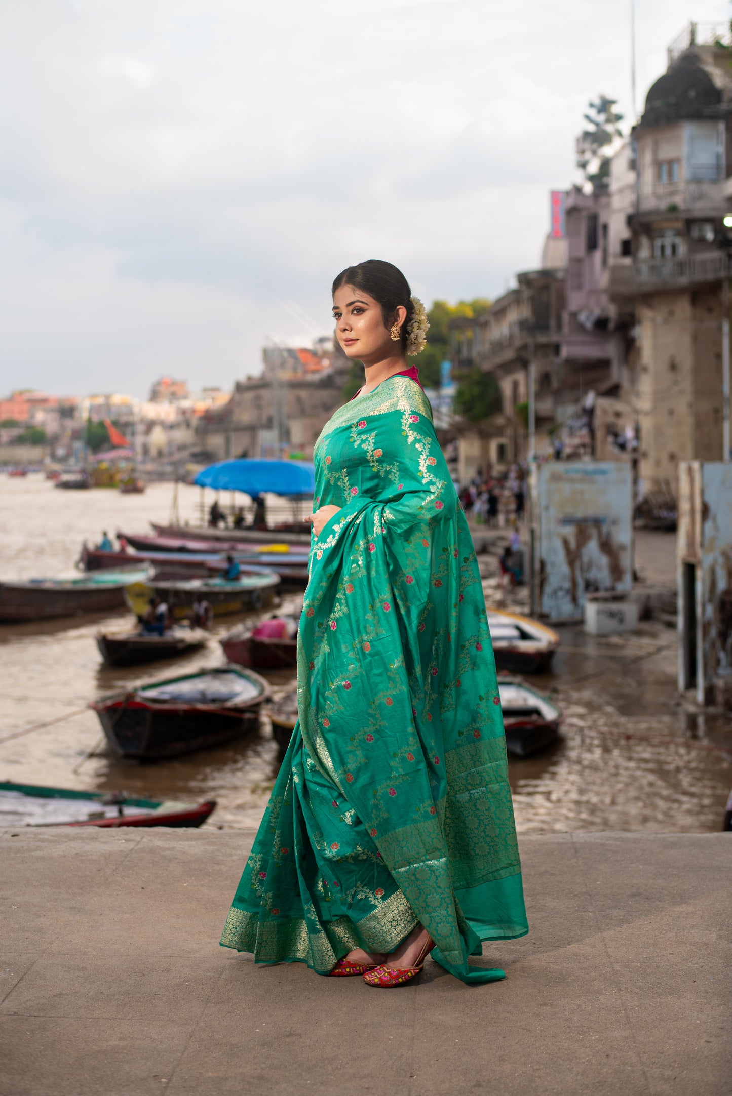 Banarasi Dupion Silk Pre Draped Saree with Silver Border and Elegant Floral Design