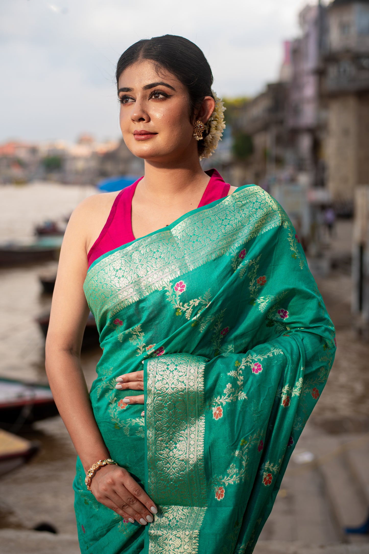 Banarasi Dupion Silk Pre Draped Saree with Silver Border and Elegant Floral Design