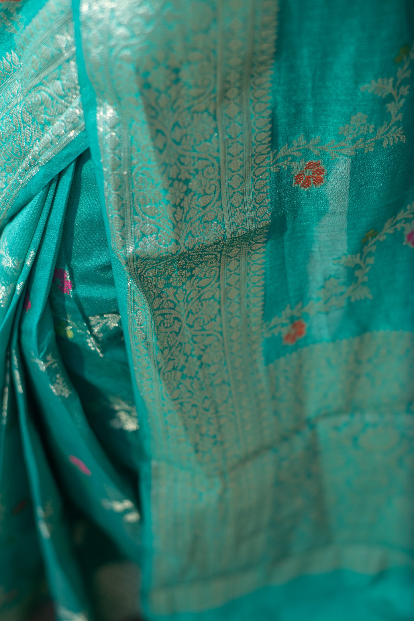 Banarasi Dupion Silk Pre Draped Saree with Silver Border and Elegant Floral Design