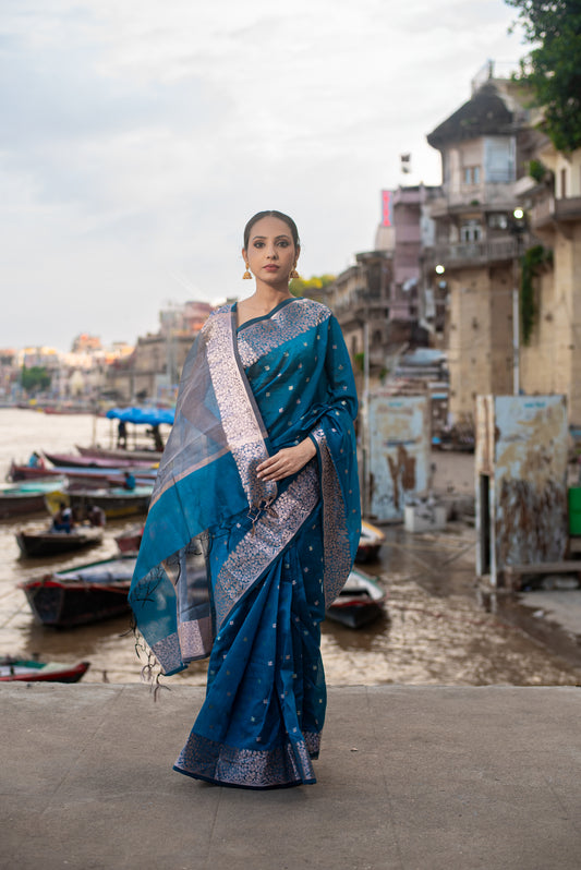 Banarasi Acrylic Cotton Pre Draped Saree with Silver Border and Designer Threads