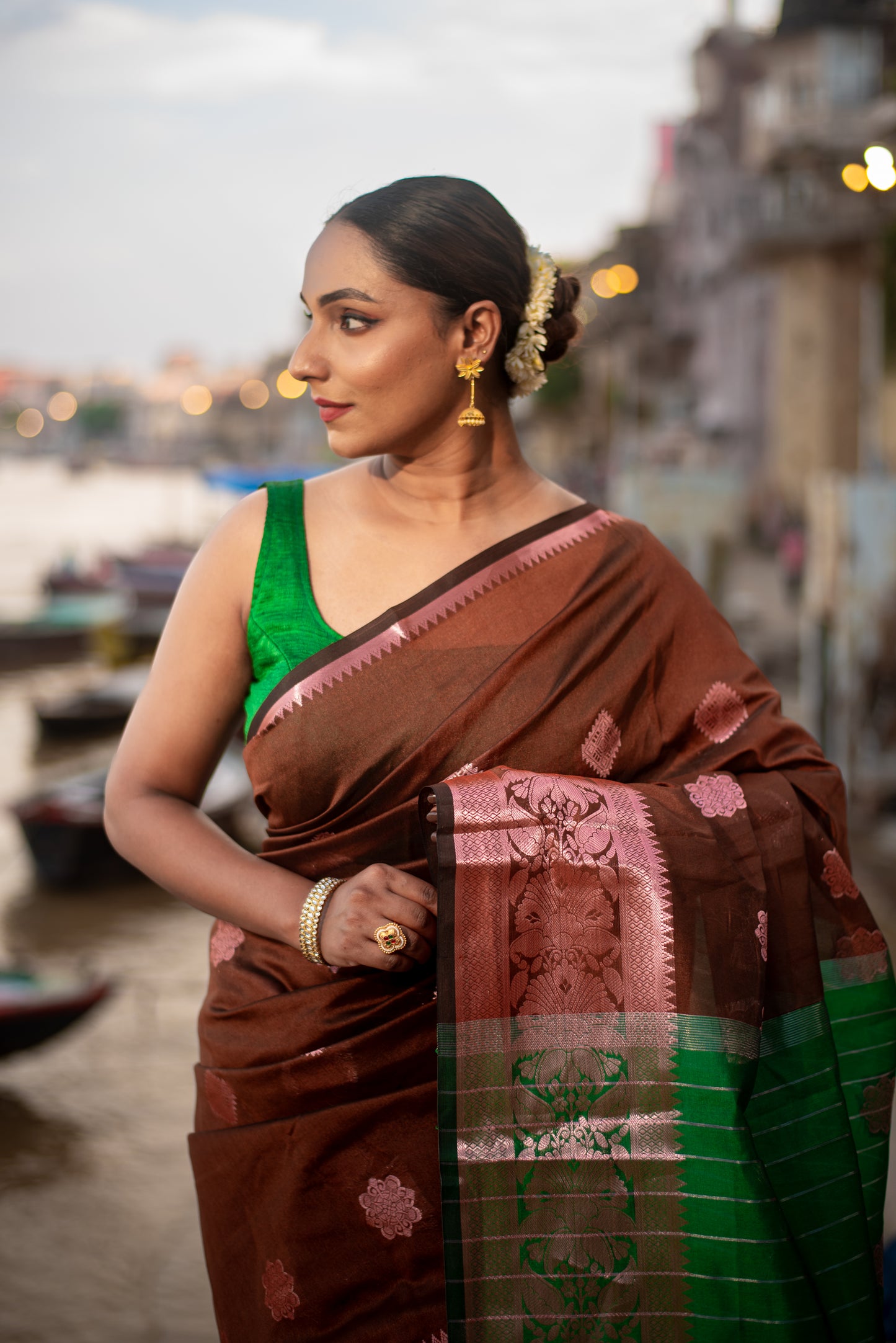Banarasi Semi Cotton Pre Draped Saree with Dual Tone and Blended Silver Border
