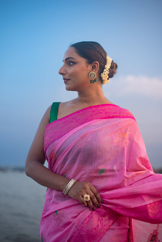 Banarasi Cotton Pre Draped Saree with Blended Salab and Border