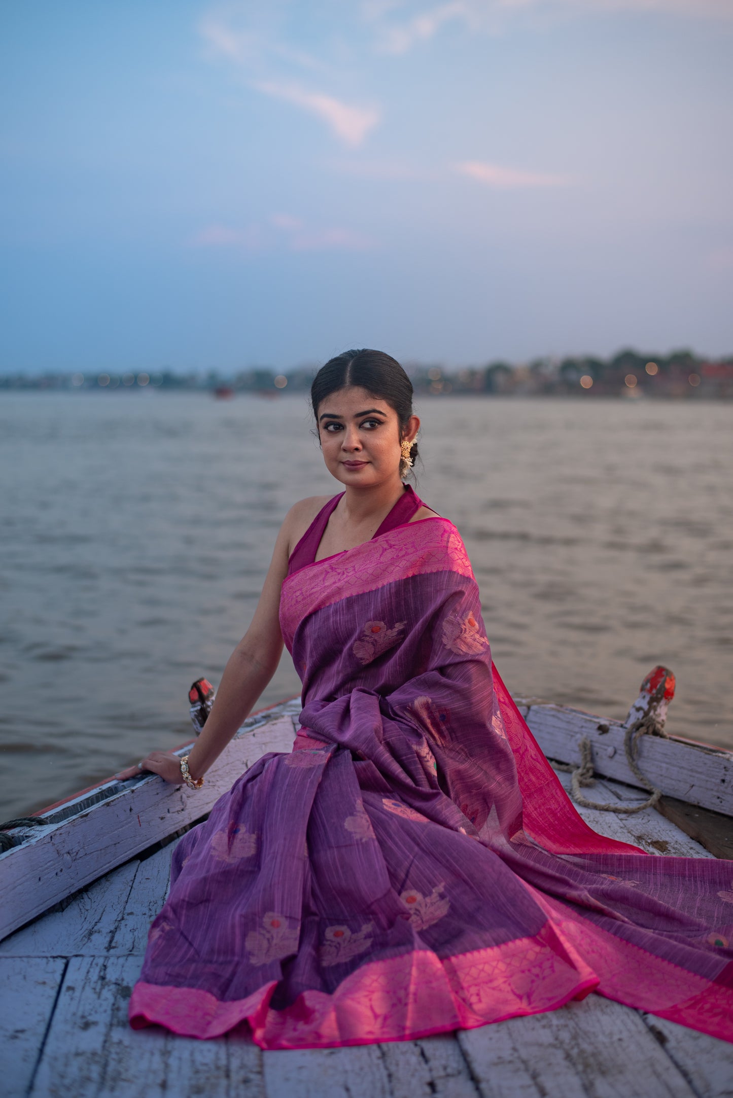 Banarasi Cotton Pre Draped Saree with Blended Salab and Dual Tone Border