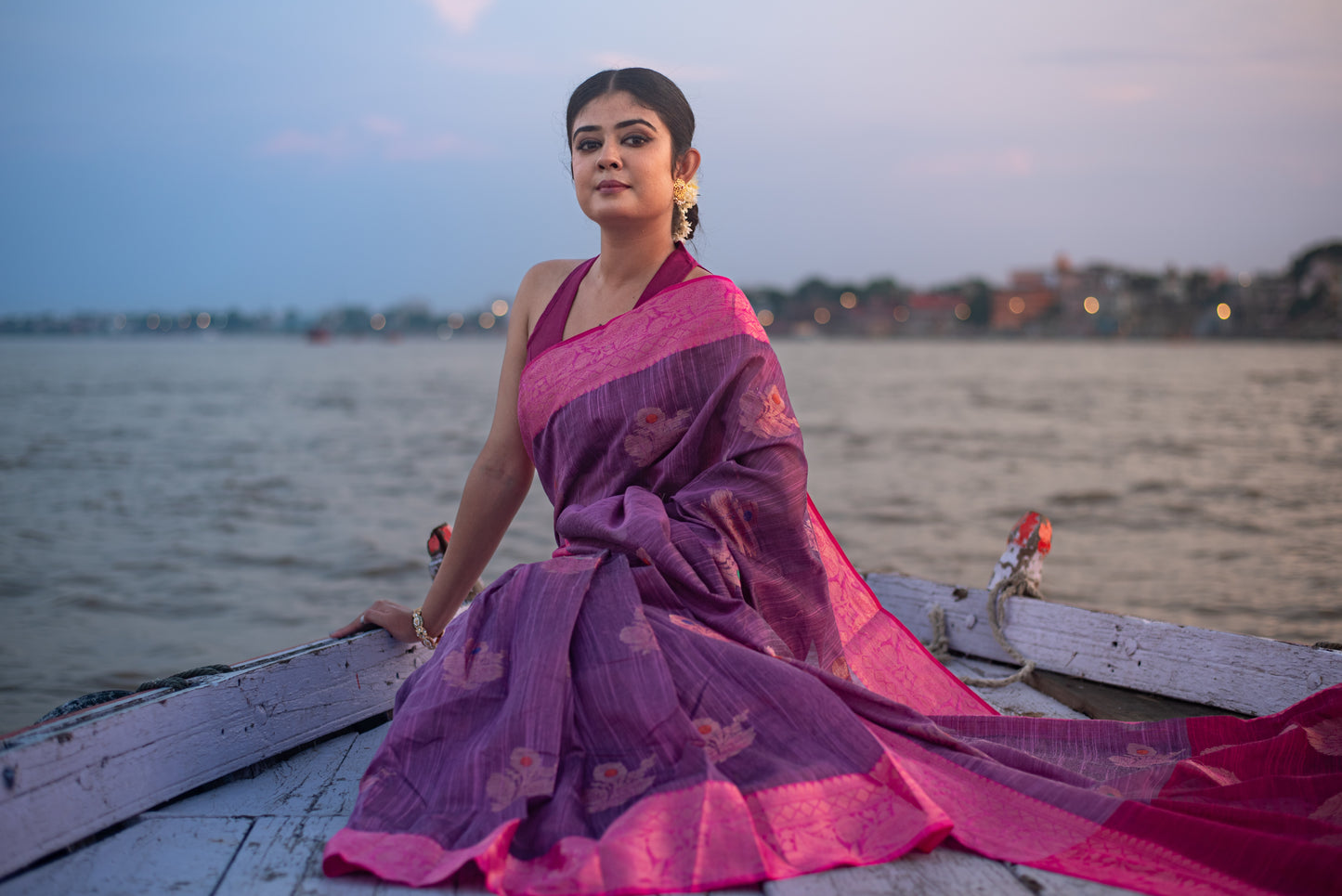 Banarasi Cotton Pre Draped Saree with Blended Salab and Dual Tone Border