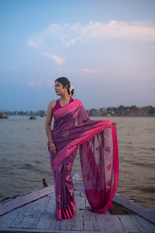 Banarasi Cotton Pre Draped Saree with Blended Salab and Dual Tone Border