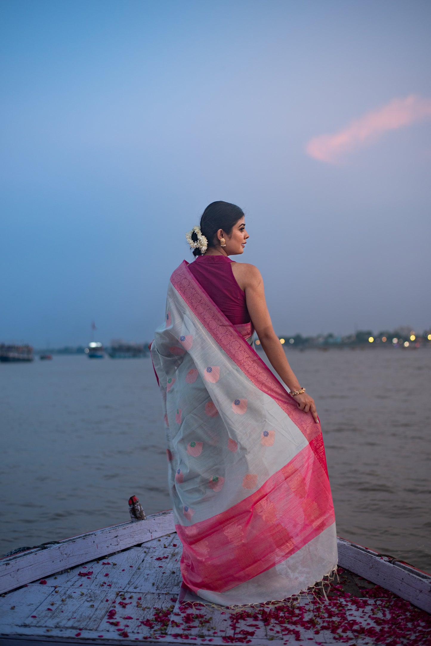Banarasi Cotton Pre Draped Saree with Blended Salab and Pink Border