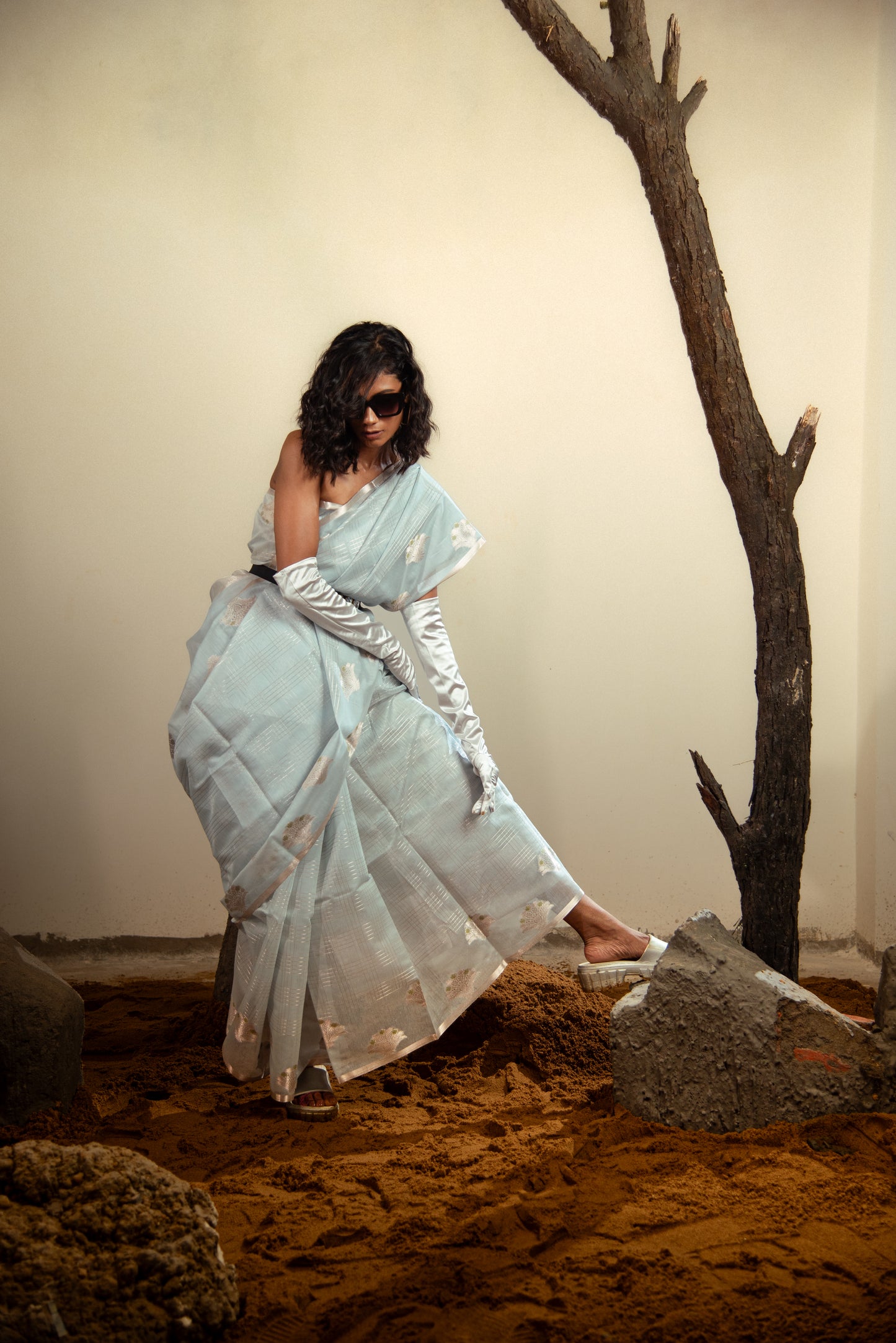 Mercerized Cotton Predraped Saree With Boota Border