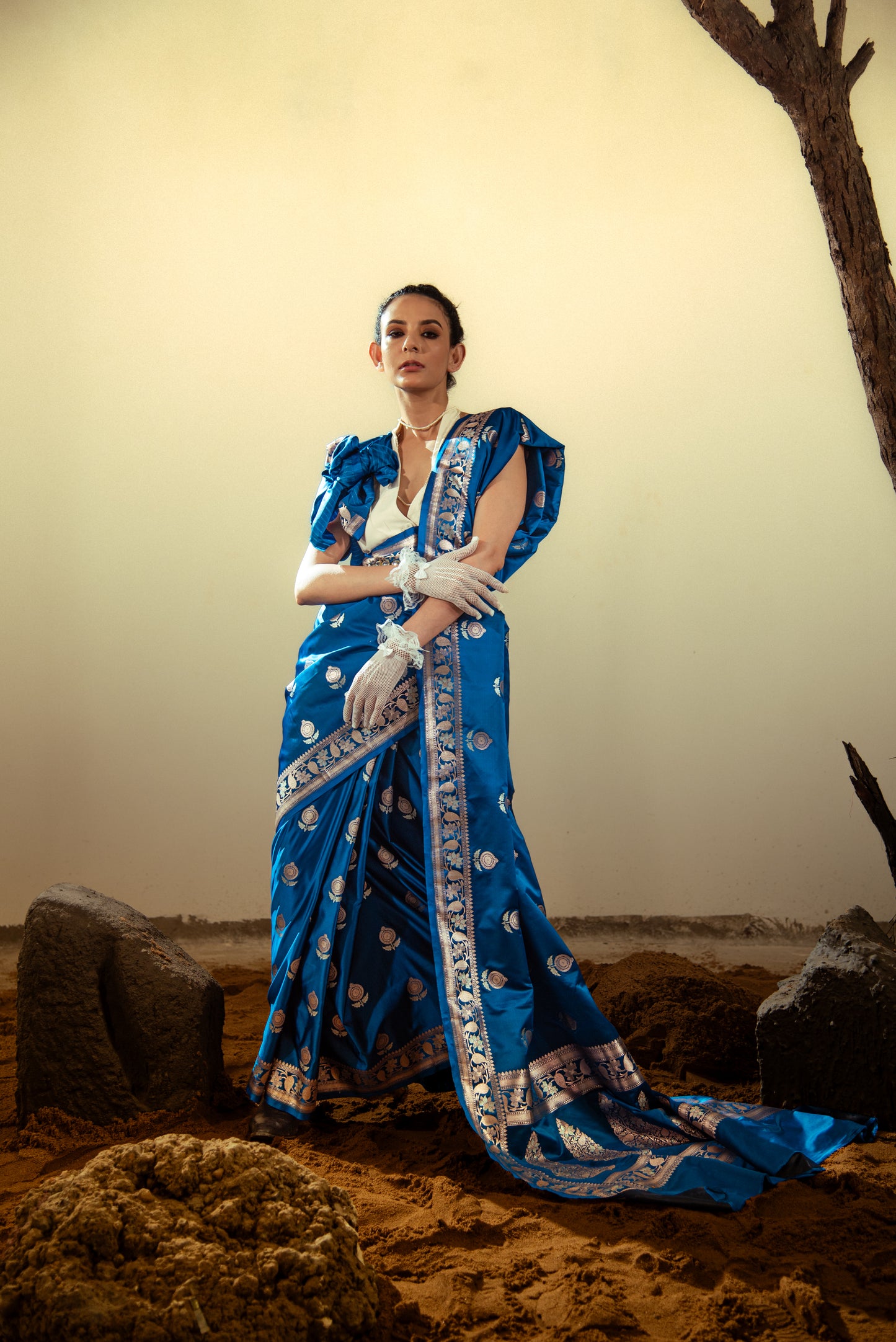 Katan Semi Silk Pre Draped Saree with Intricate Golden Details