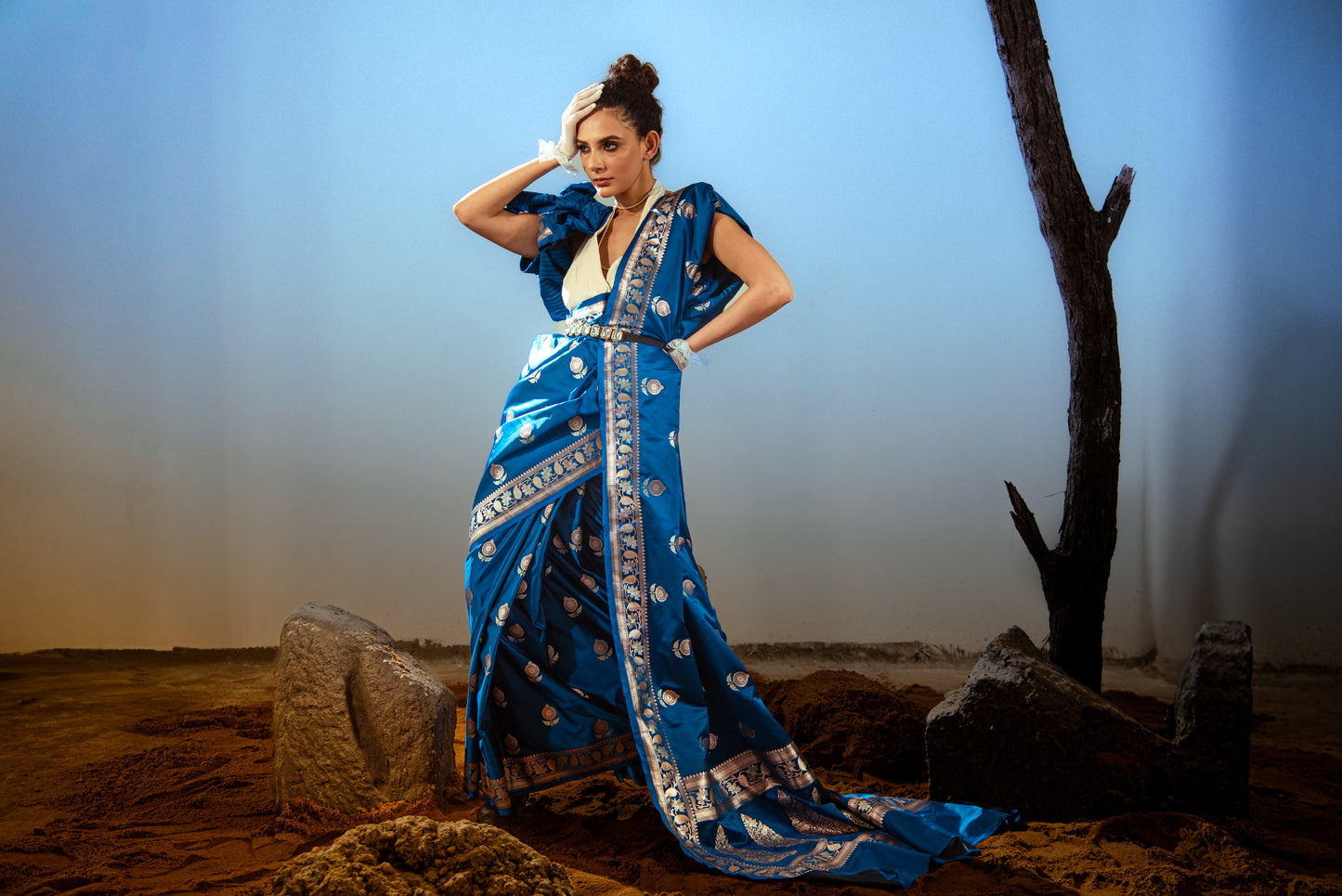 Katan Semi Silk Pre Draped Saree with Intricate Golden Details
