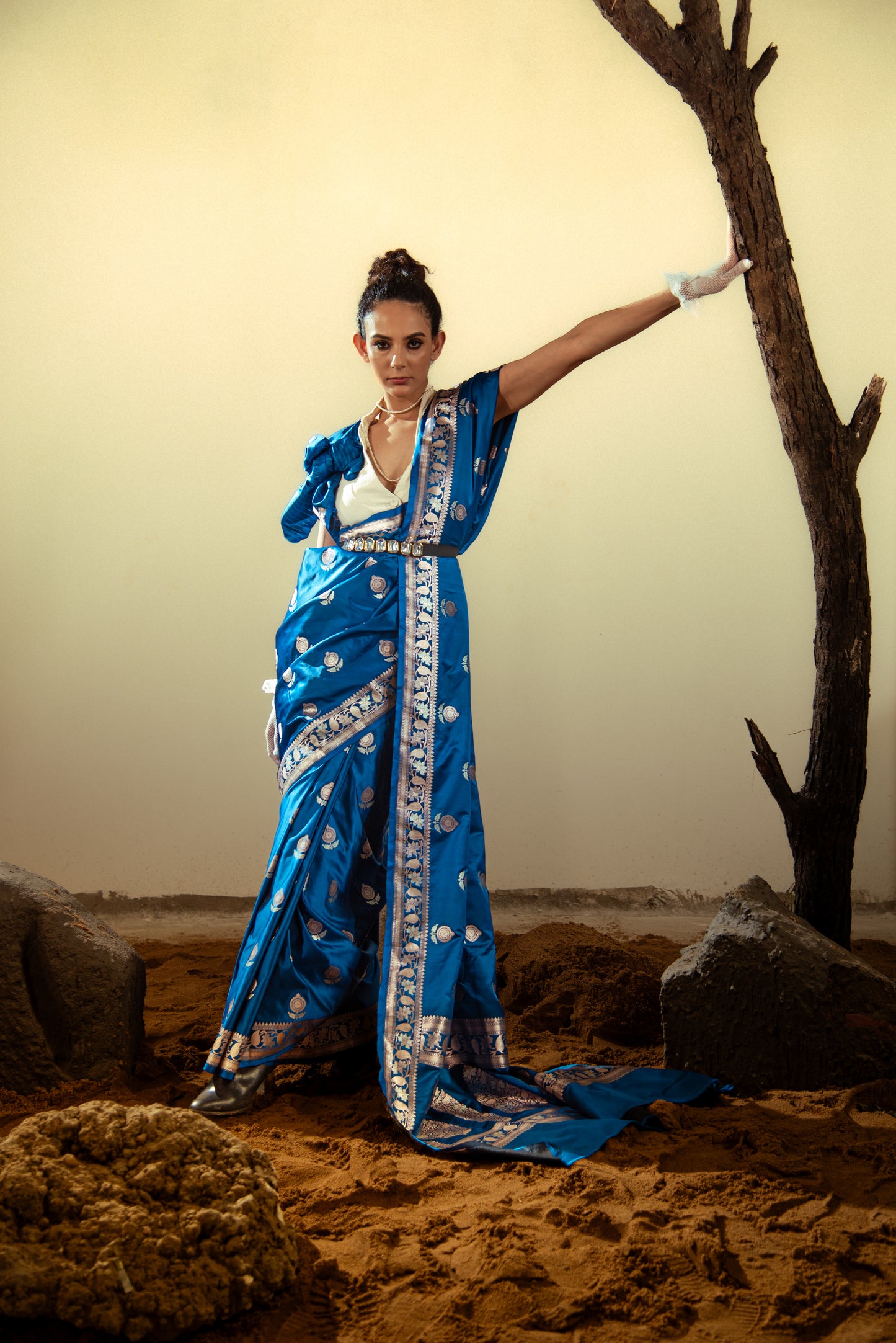 Katan Semi Silk Pre Draped Saree with Intricate Golden Details
