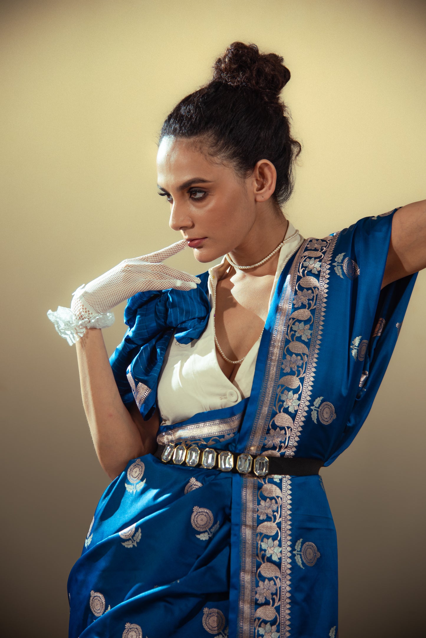 Katan Semi Silk Pre Draped Saree with Intricate Golden Details