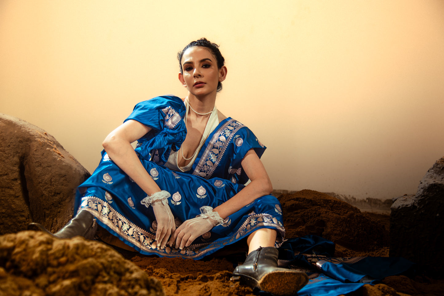 Katan Semi Silk Pre Draped Saree with Intricate Golden Details