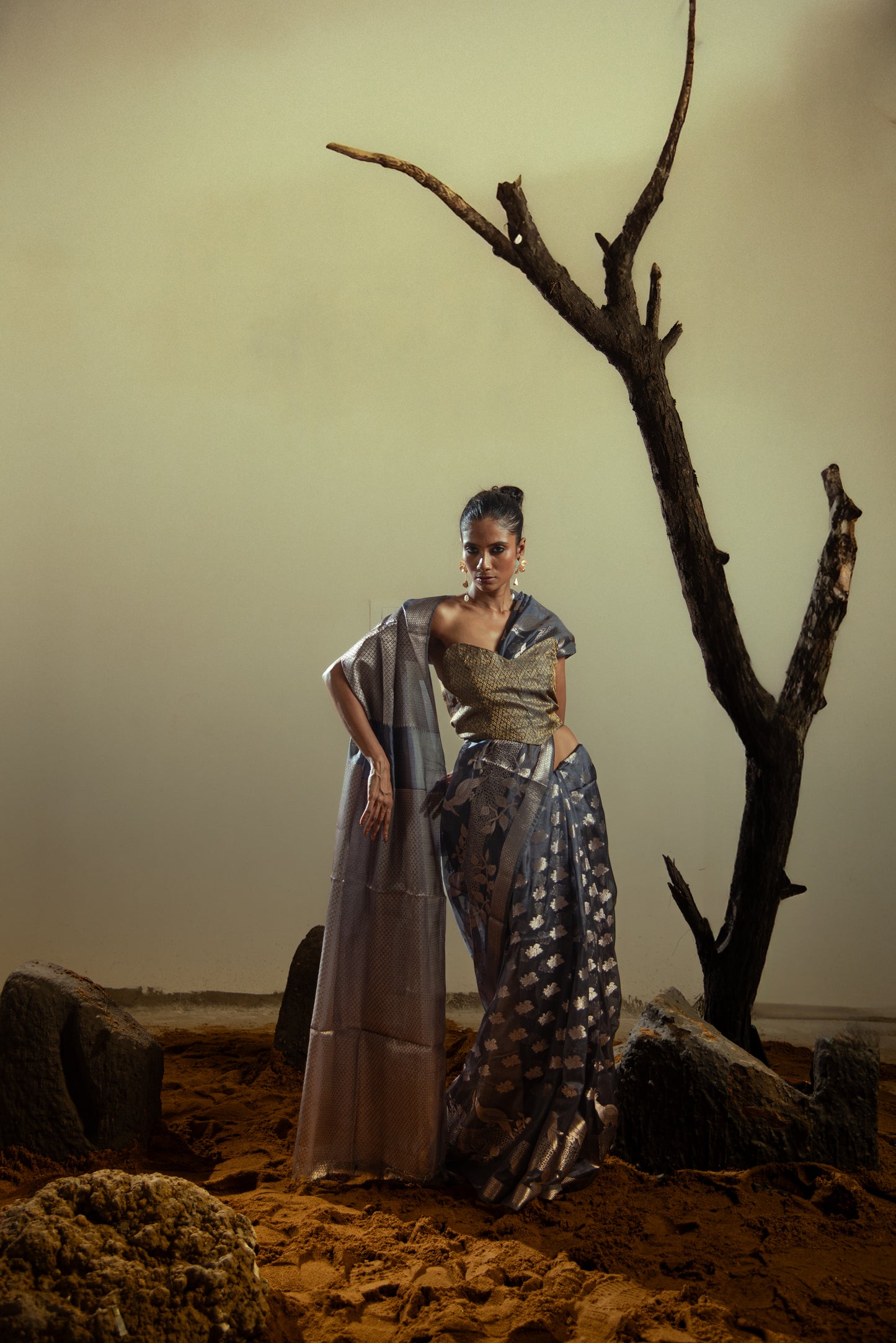 Viscose Silk Banarasi Pre Draped Saree with Golden Details