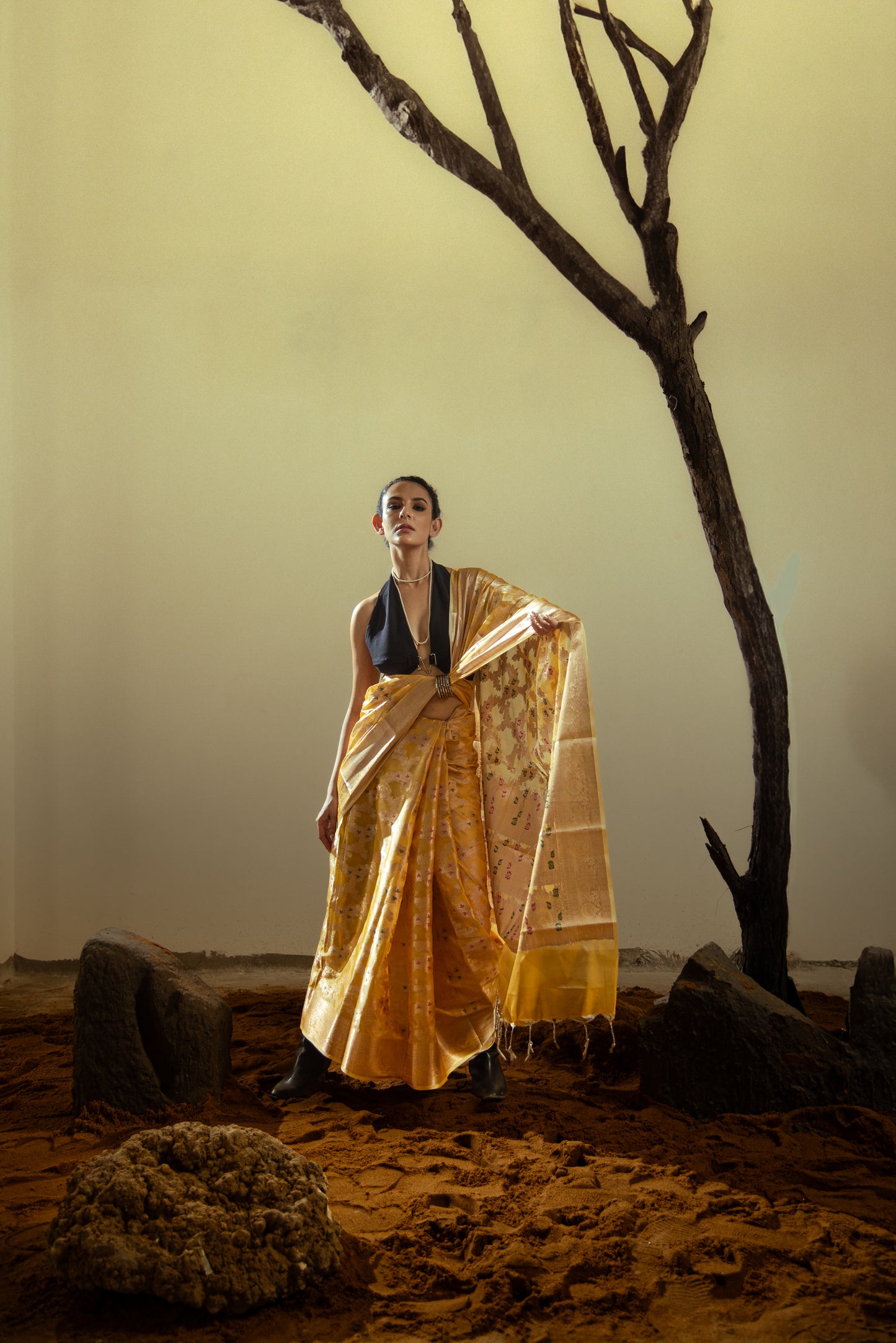 Banarasi Malmal Silk Predraped Saree with Meena Jaal Work