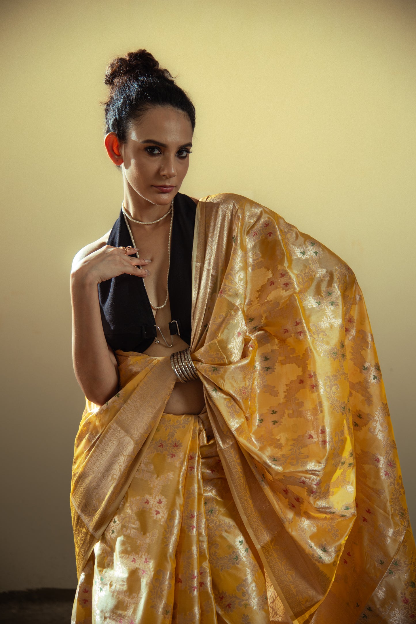 Banarasi Malmal Silk Predraped Saree with Meena Jaal Work