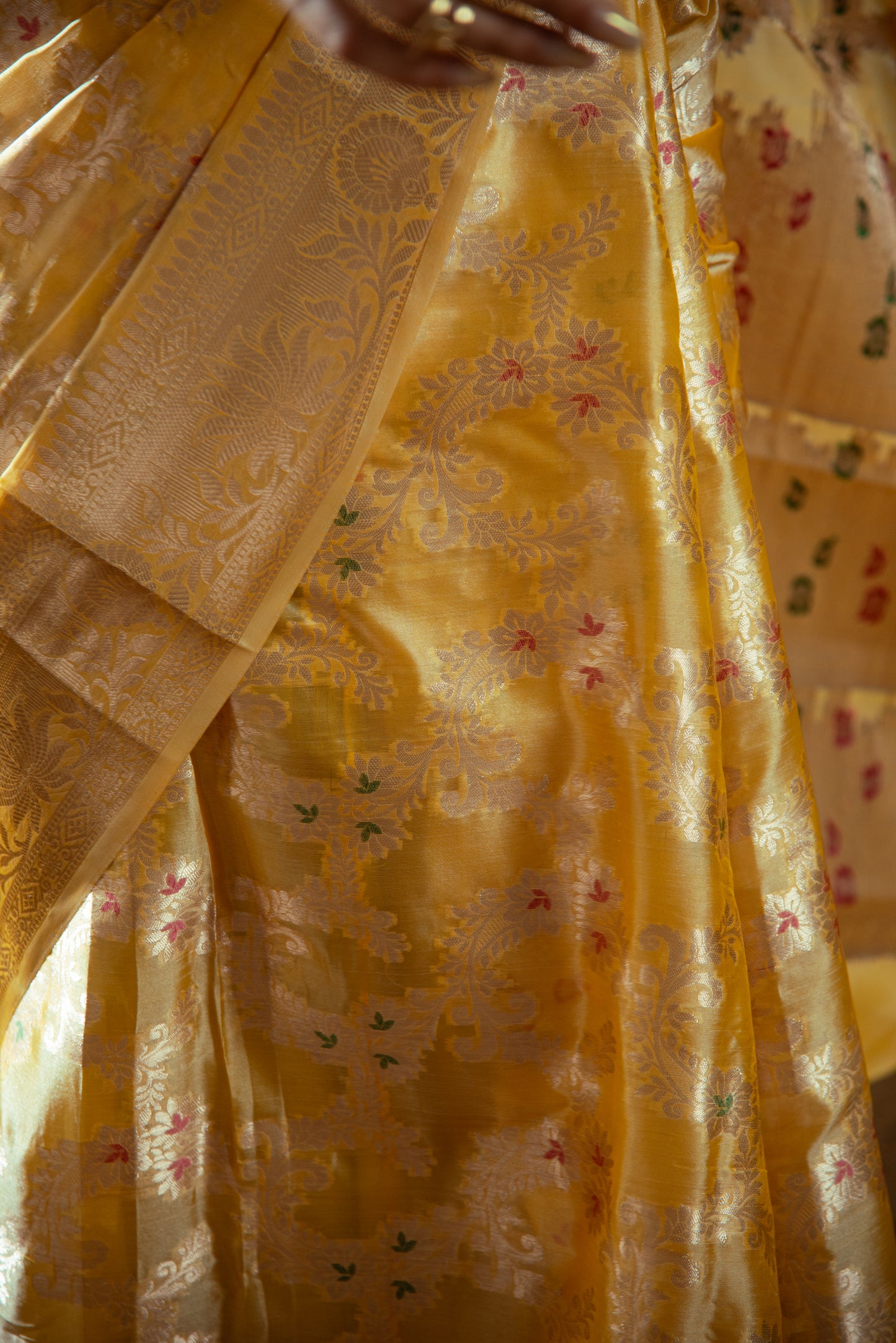 Banarasi Malmal Silk Predraped Saree with Meena Jaal Work