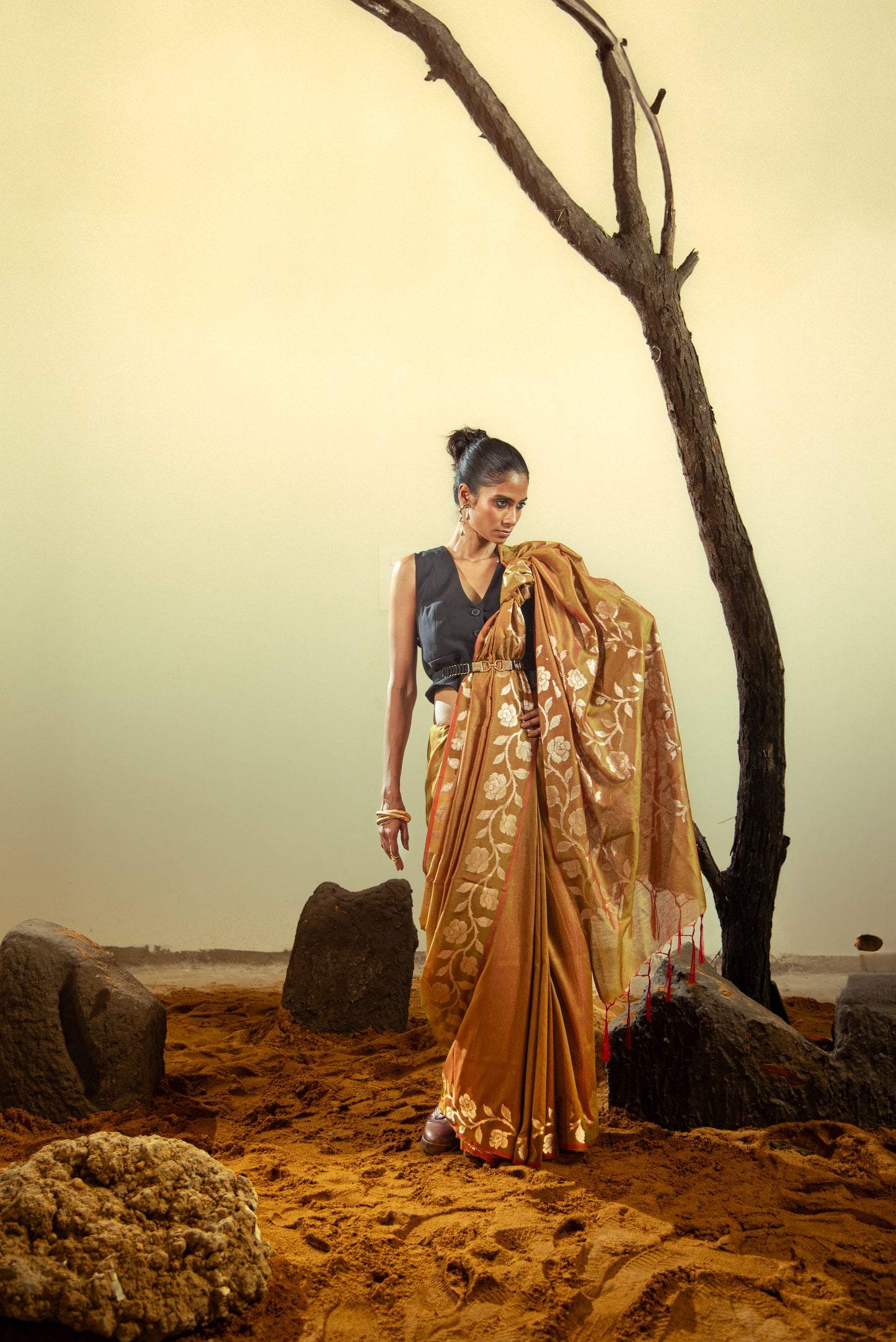 Banarasi Katban Cotton Pre Draped Saree with Golden Details