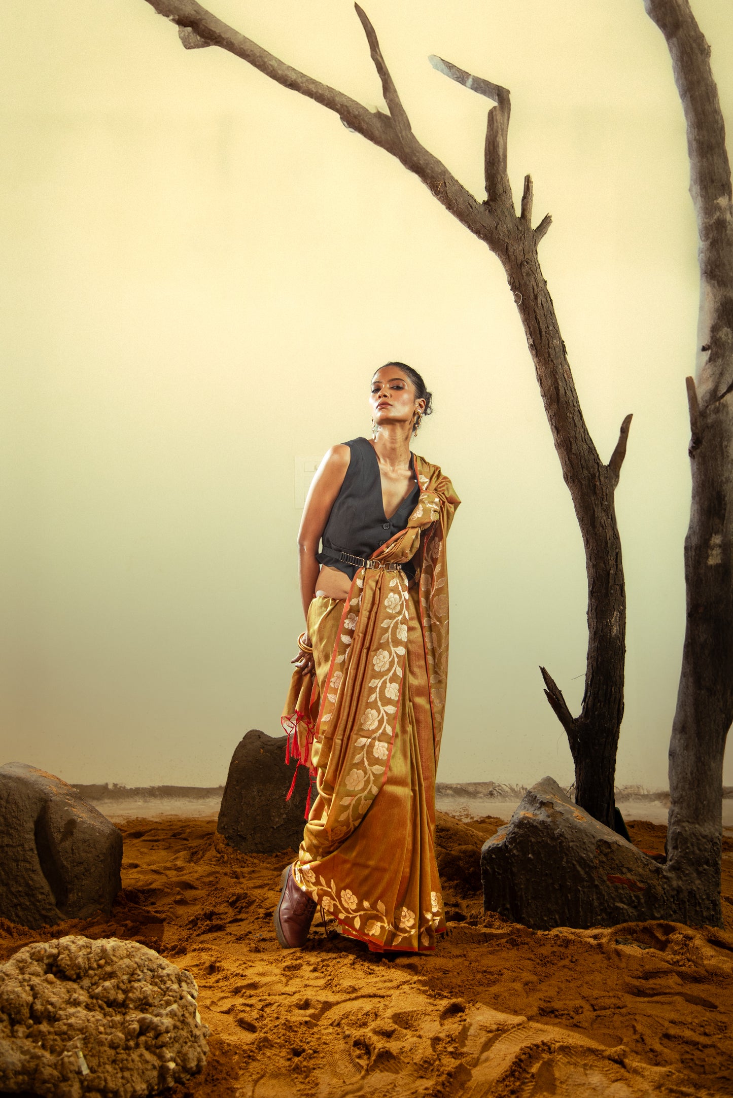 Banarasi Katban Cotton Pre Draped Saree with Golden Details