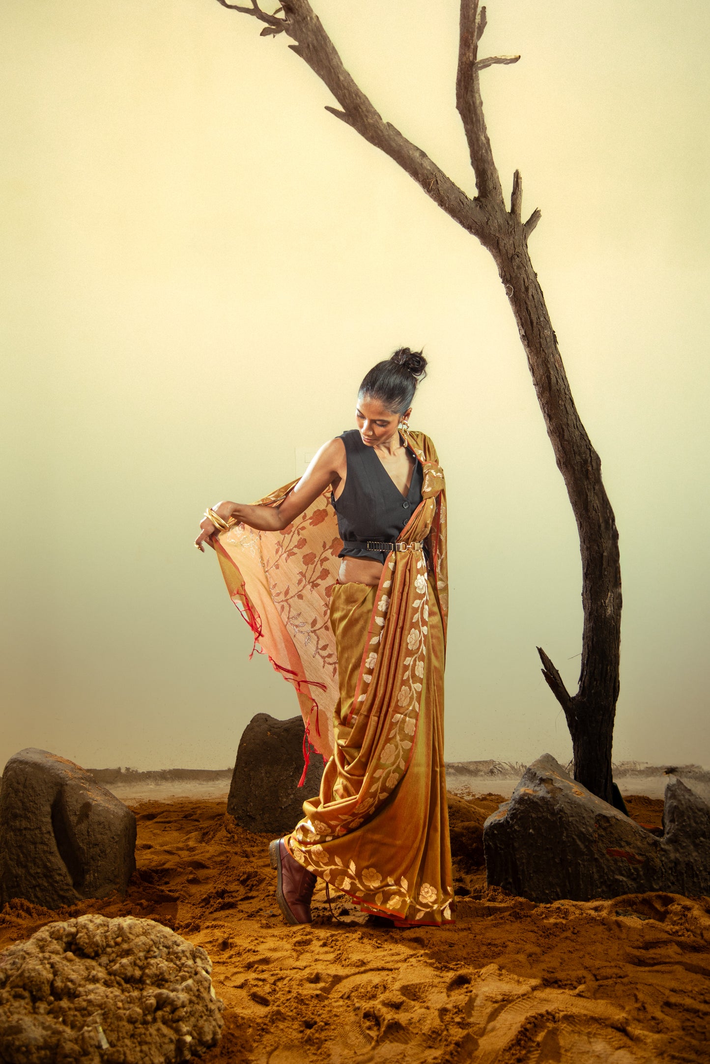 Banarasi Katban Cotton Pre Draped Saree with Golden Details
