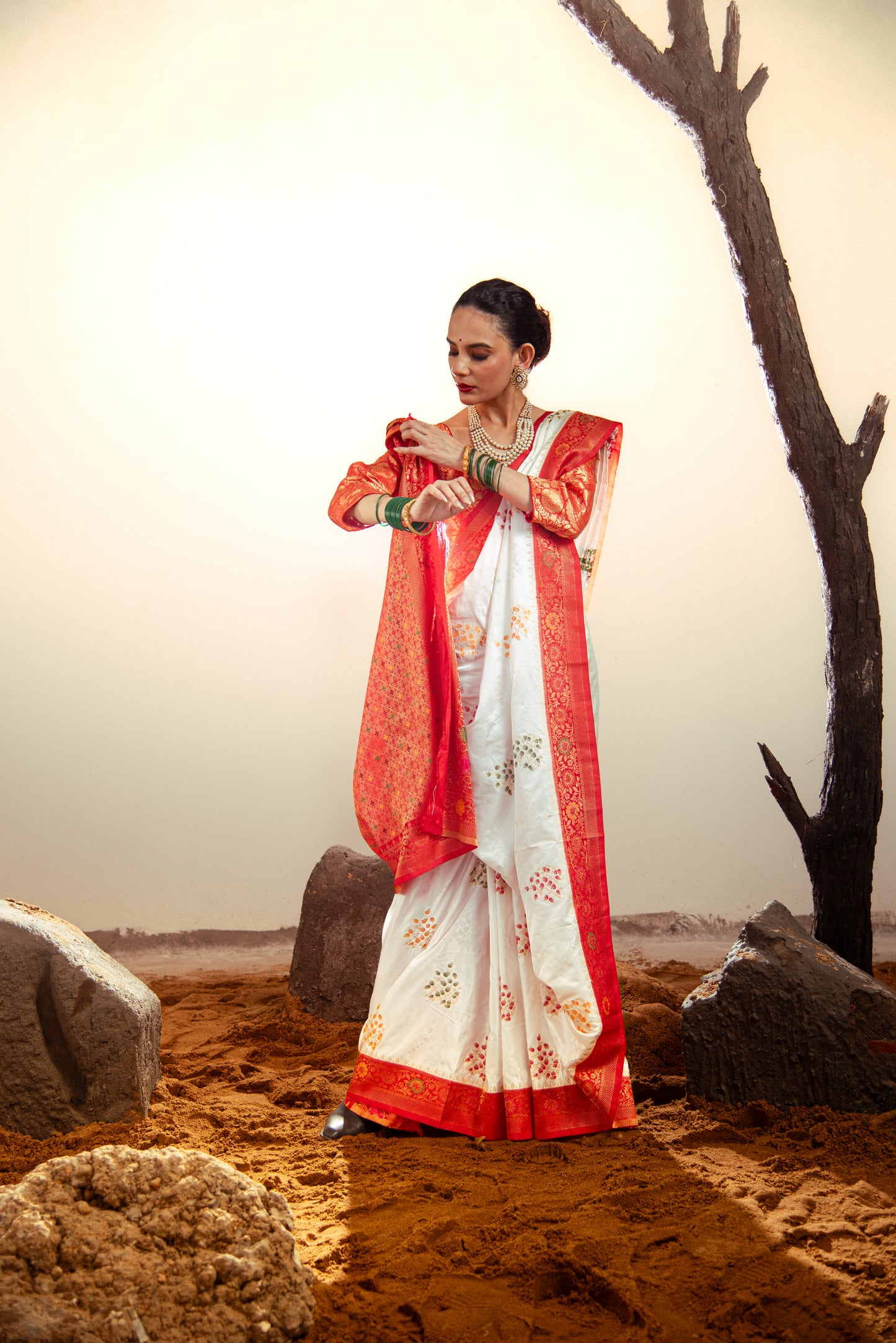 Mashru Satin Silk PreDraped White Saree with Red Border