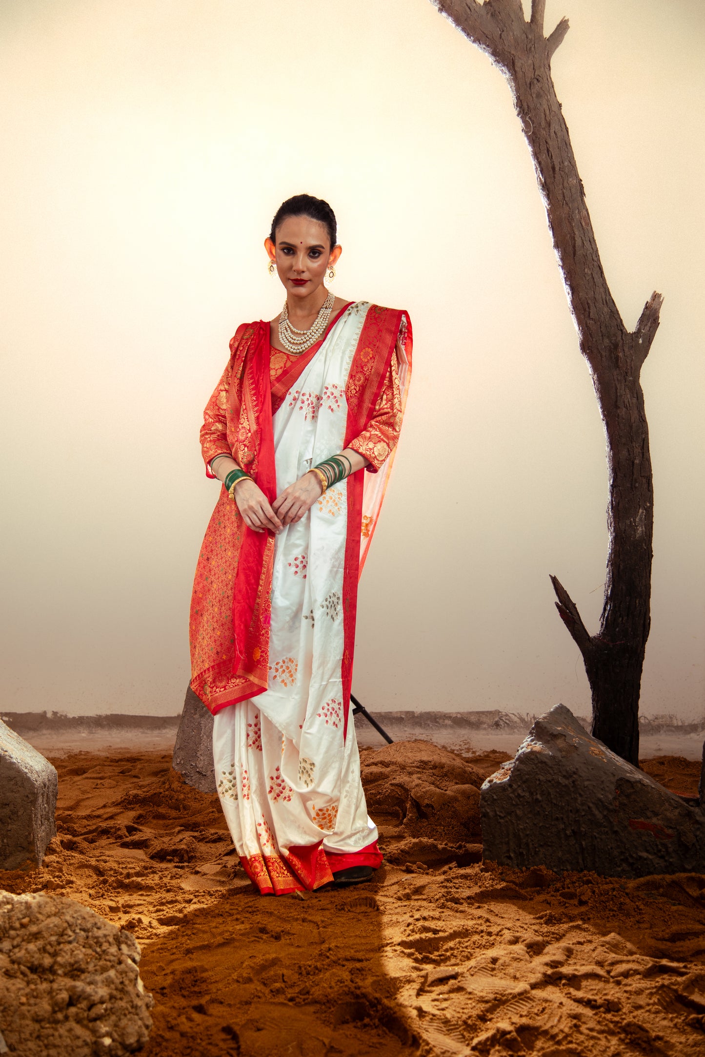 Mashru Satin Silk PreDraped White Saree with Red Border