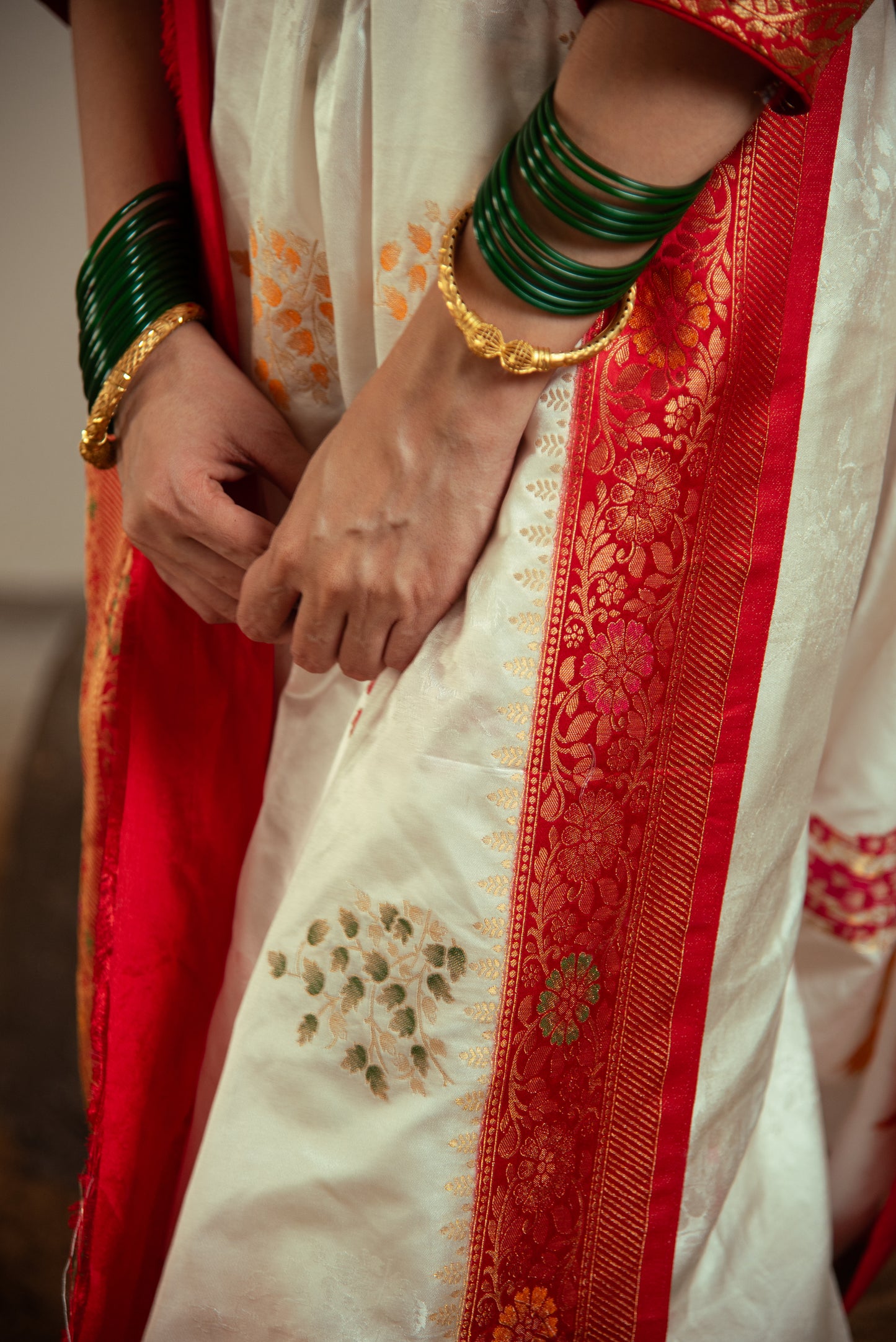 Mashru Satin Silk PreDraped White Saree with Red Border