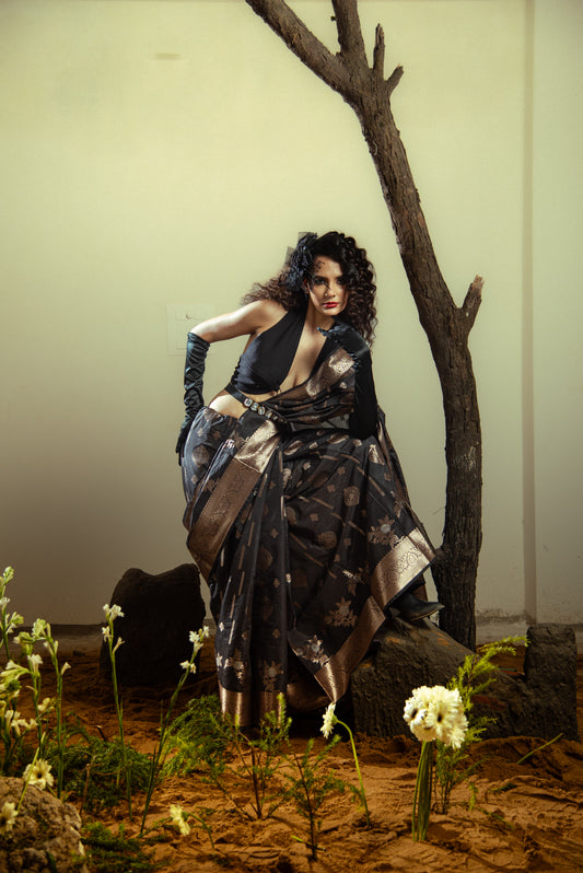 Raw Mango Silk Predraped Saree with Heavy Border and Golden Details