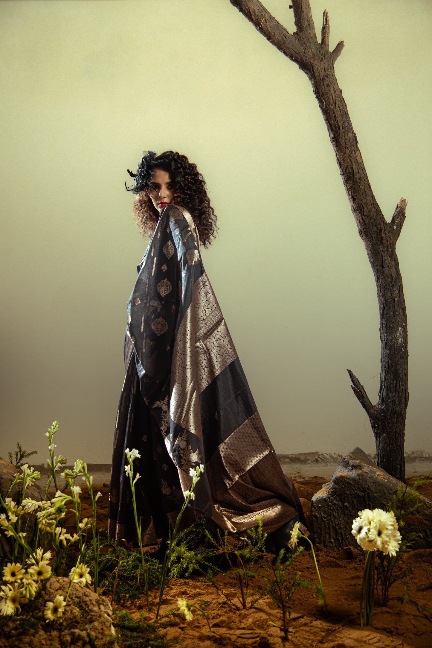 Raw Mango Silk Predraped Saree with Heavy Border and Golden Details