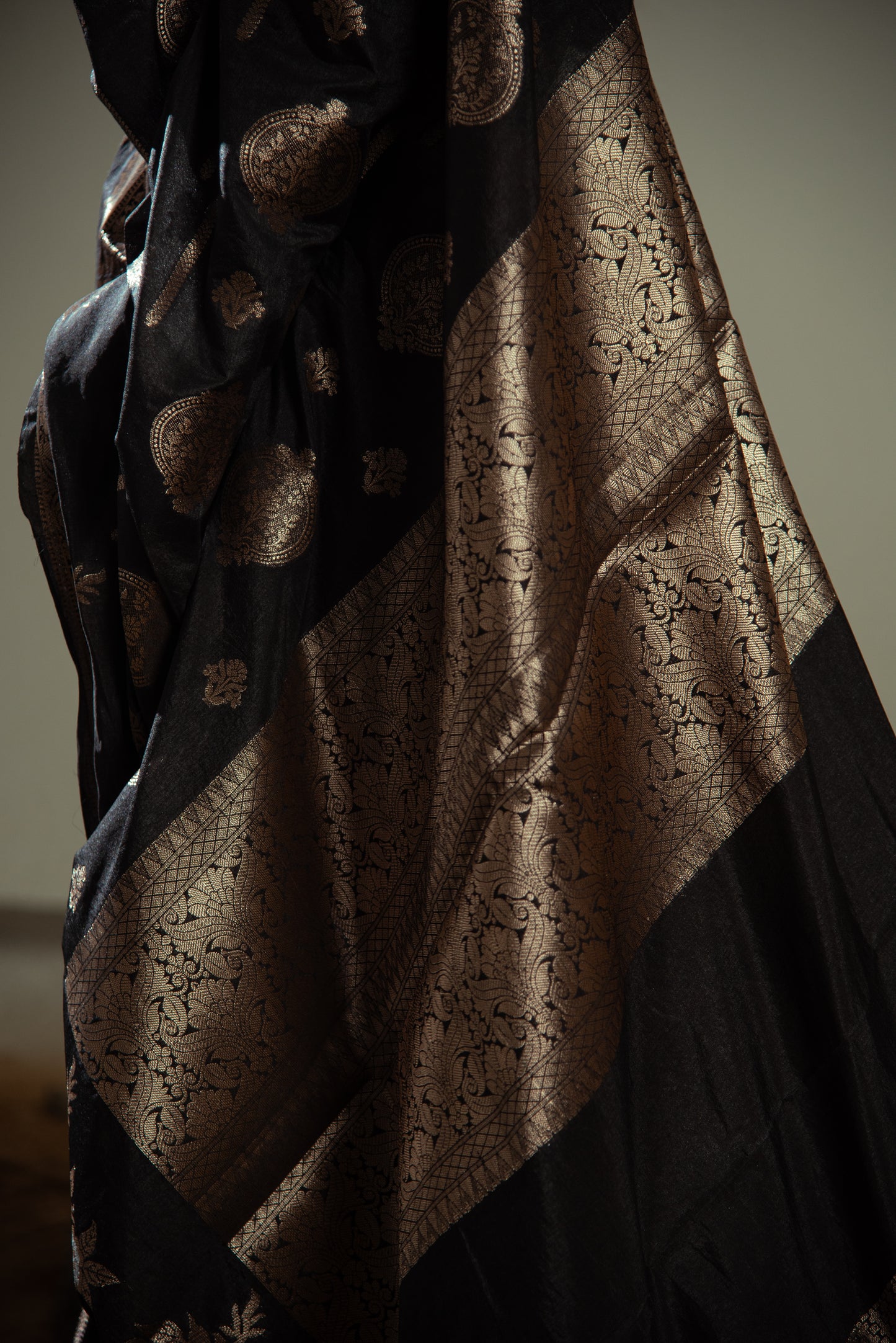 Raw Mango Silk Predraped Saree with Heavy Border and Golden Details
