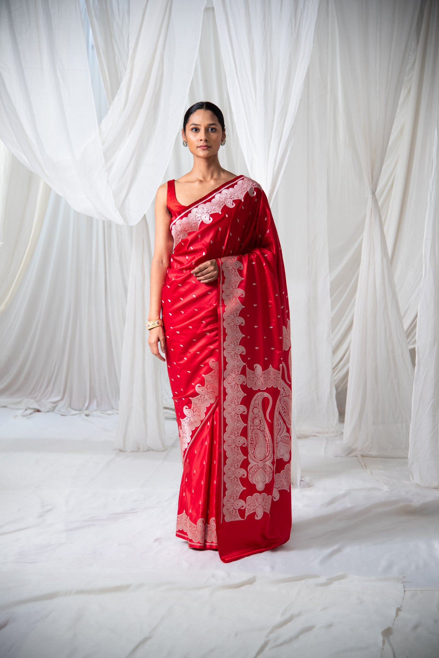Red Banarasi Mashru Silk Pre Draped Saree with Silver Work and Border