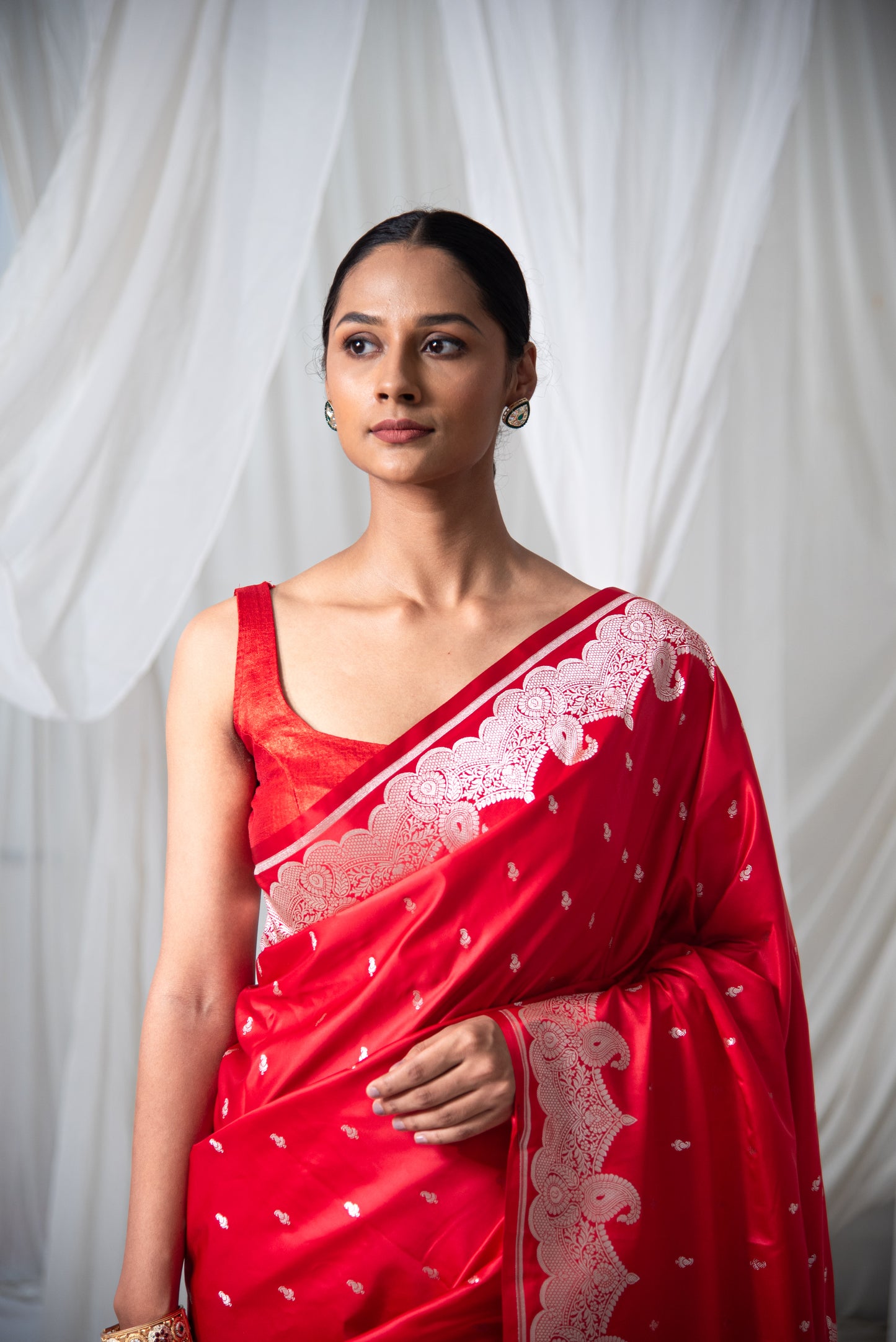 Red Banarasi Mashru Silk Pre Draped Saree with Silver Work and Border