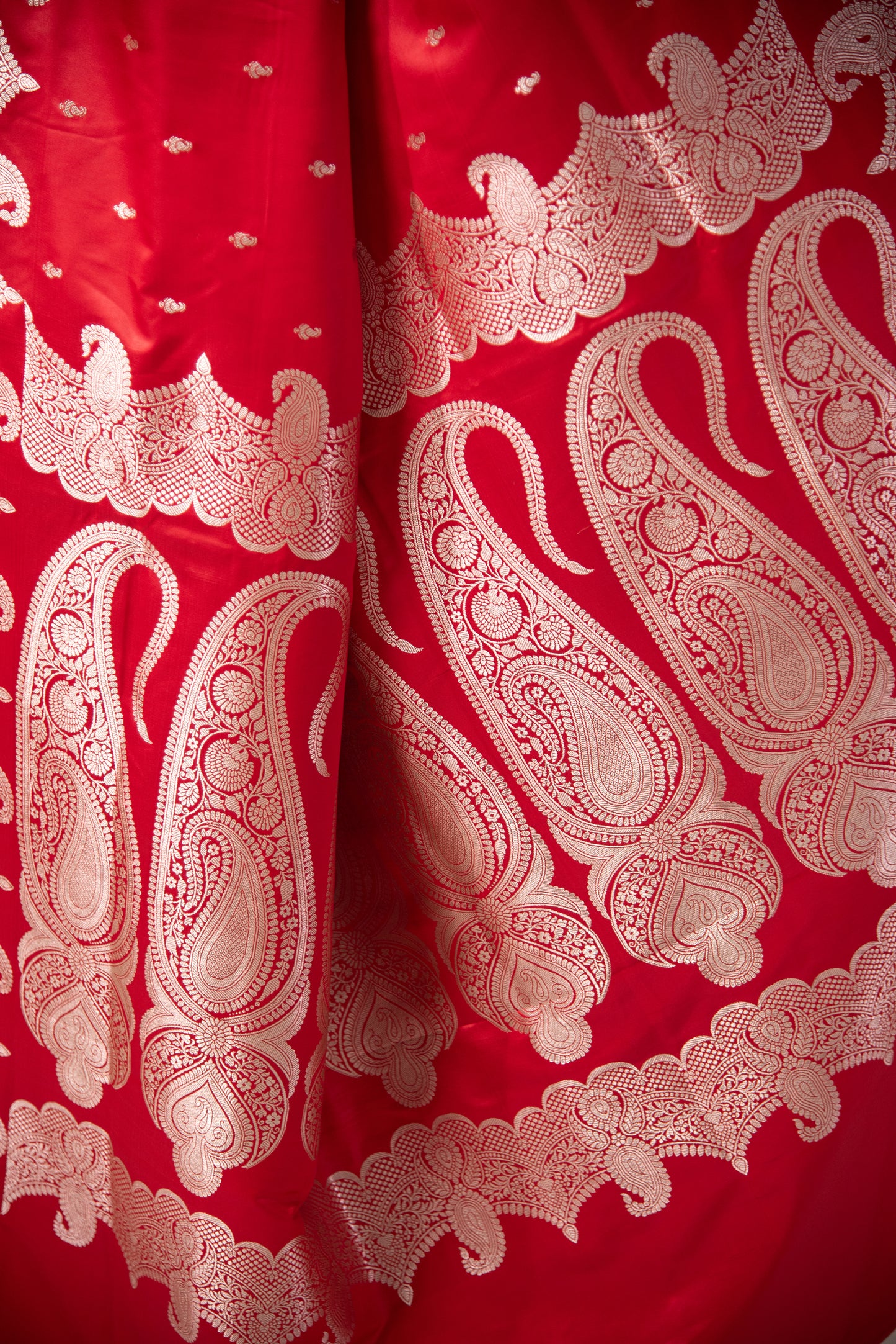 Red Banarasi Mashru Silk Pre Draped Saree with Silver Work and Border