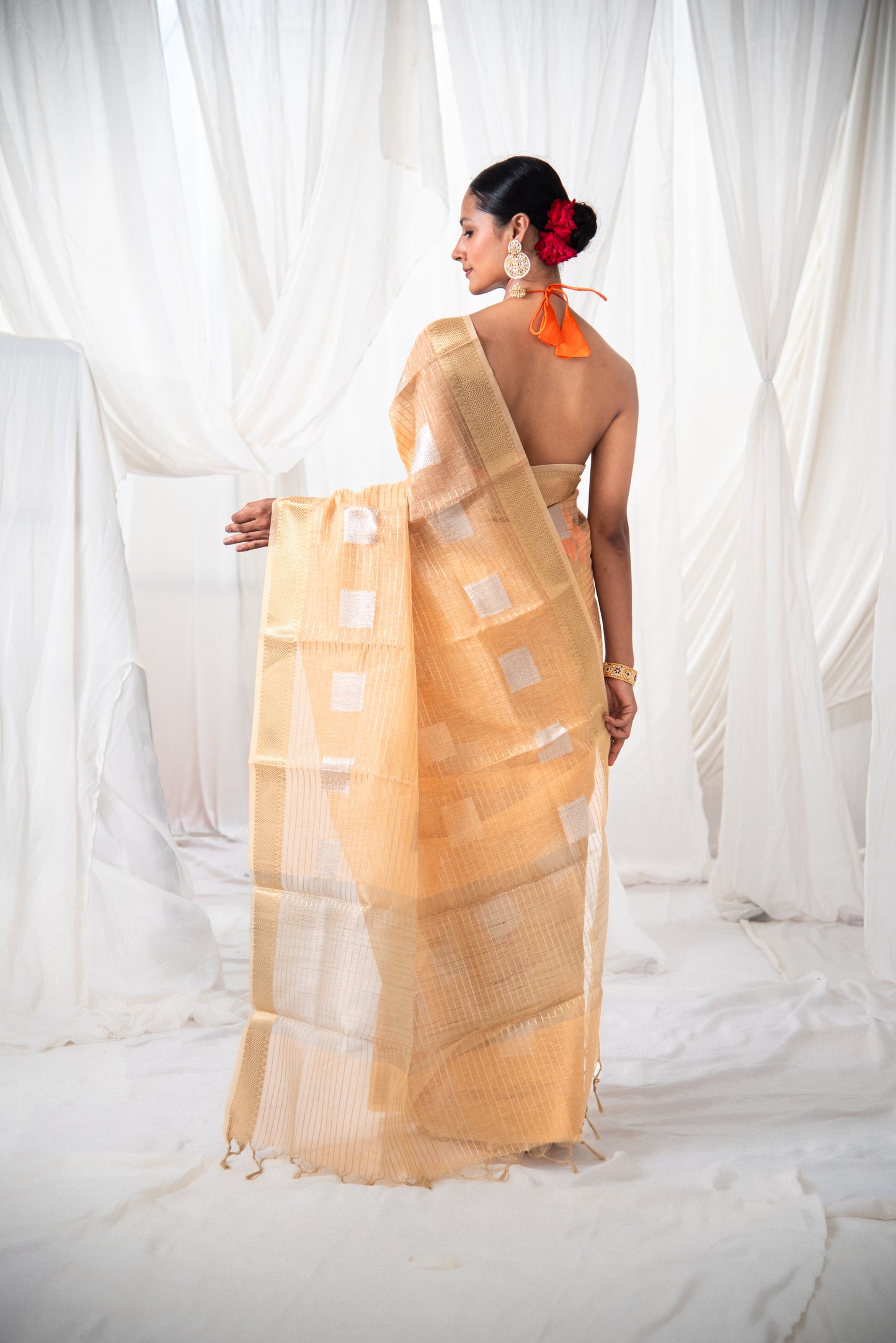 Banarasi Linen Tissue Silk Pre Draped Saree with Checkered Design